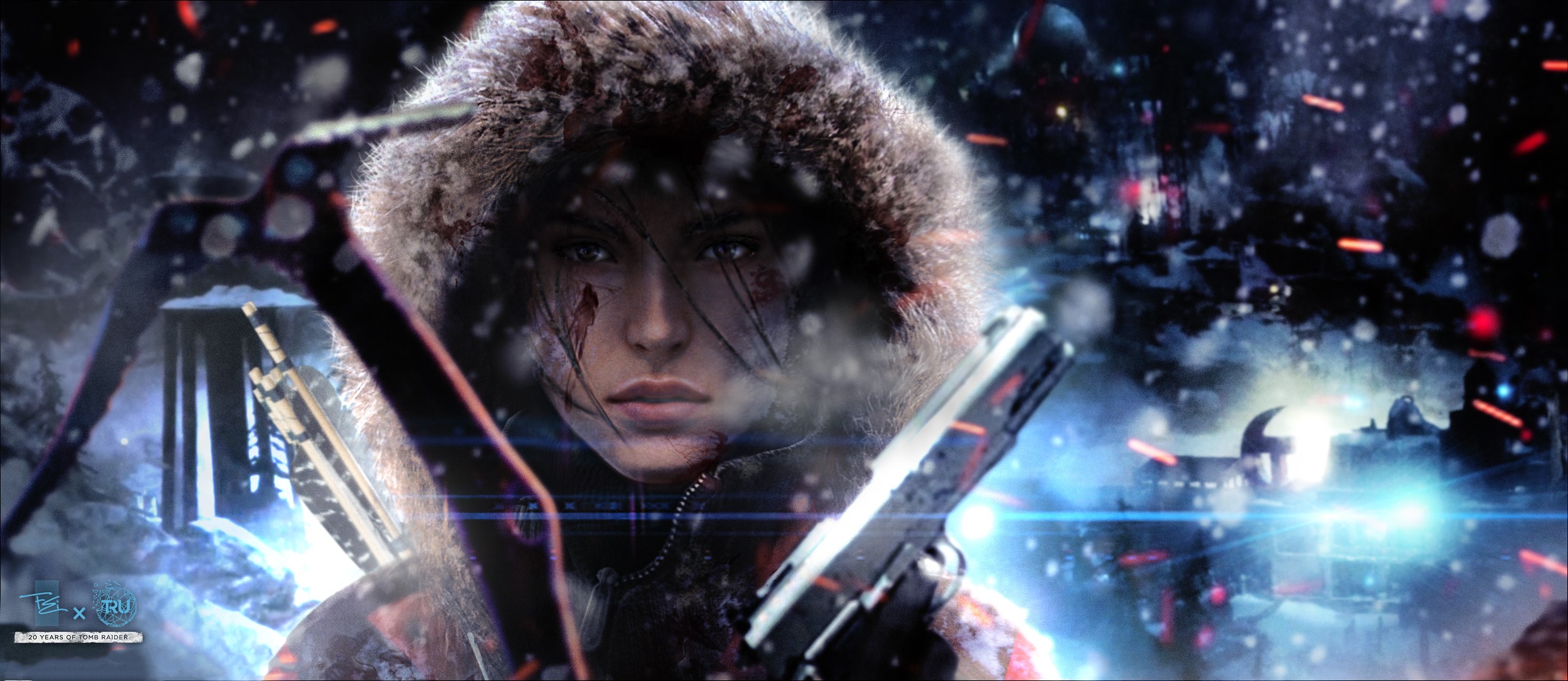 Lara Croft from Tomb Raider with pistols in snow HD Wallpaper