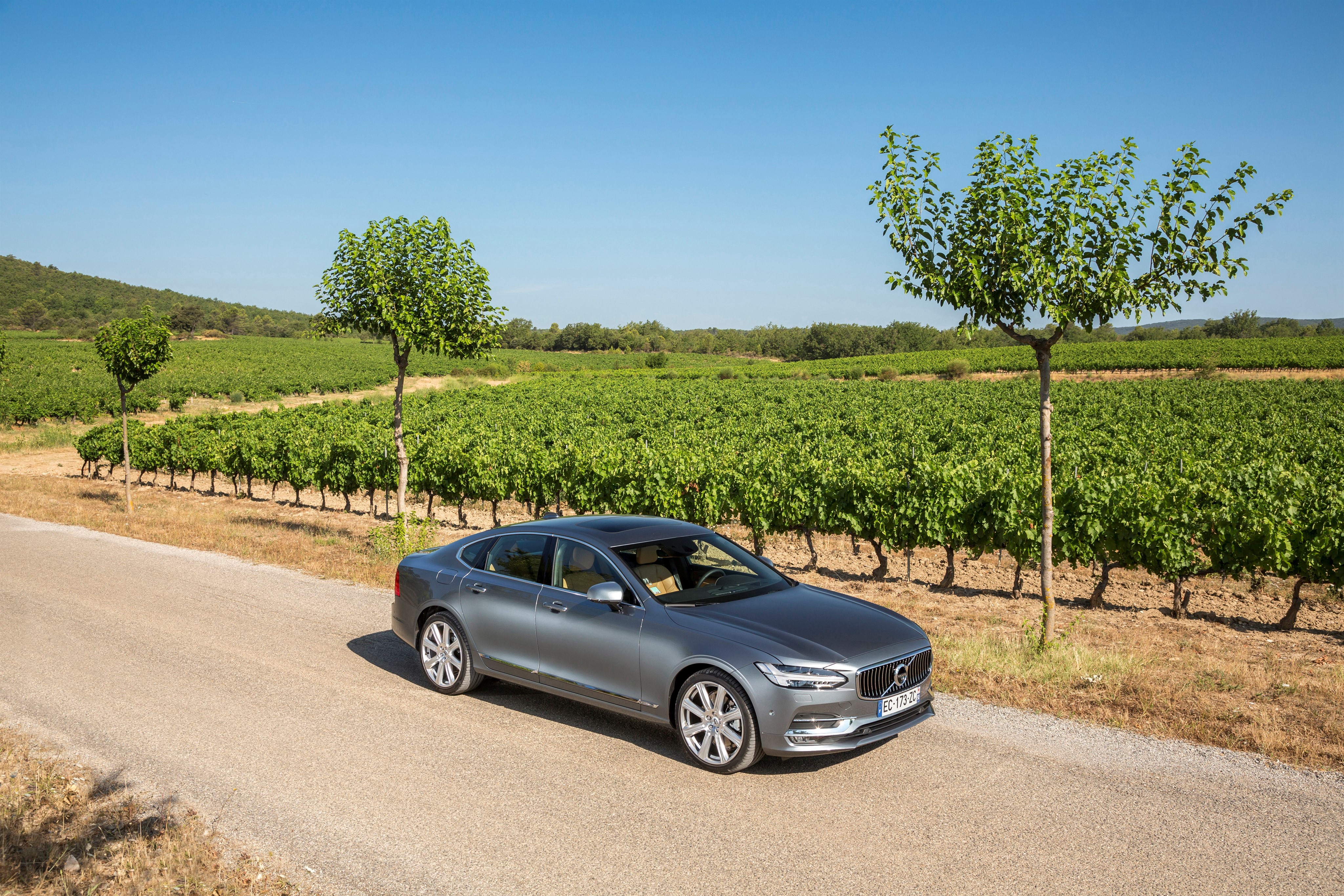 Grey Volvo S90 D4 Inscription on a road near a vineyard HD Wallpaper