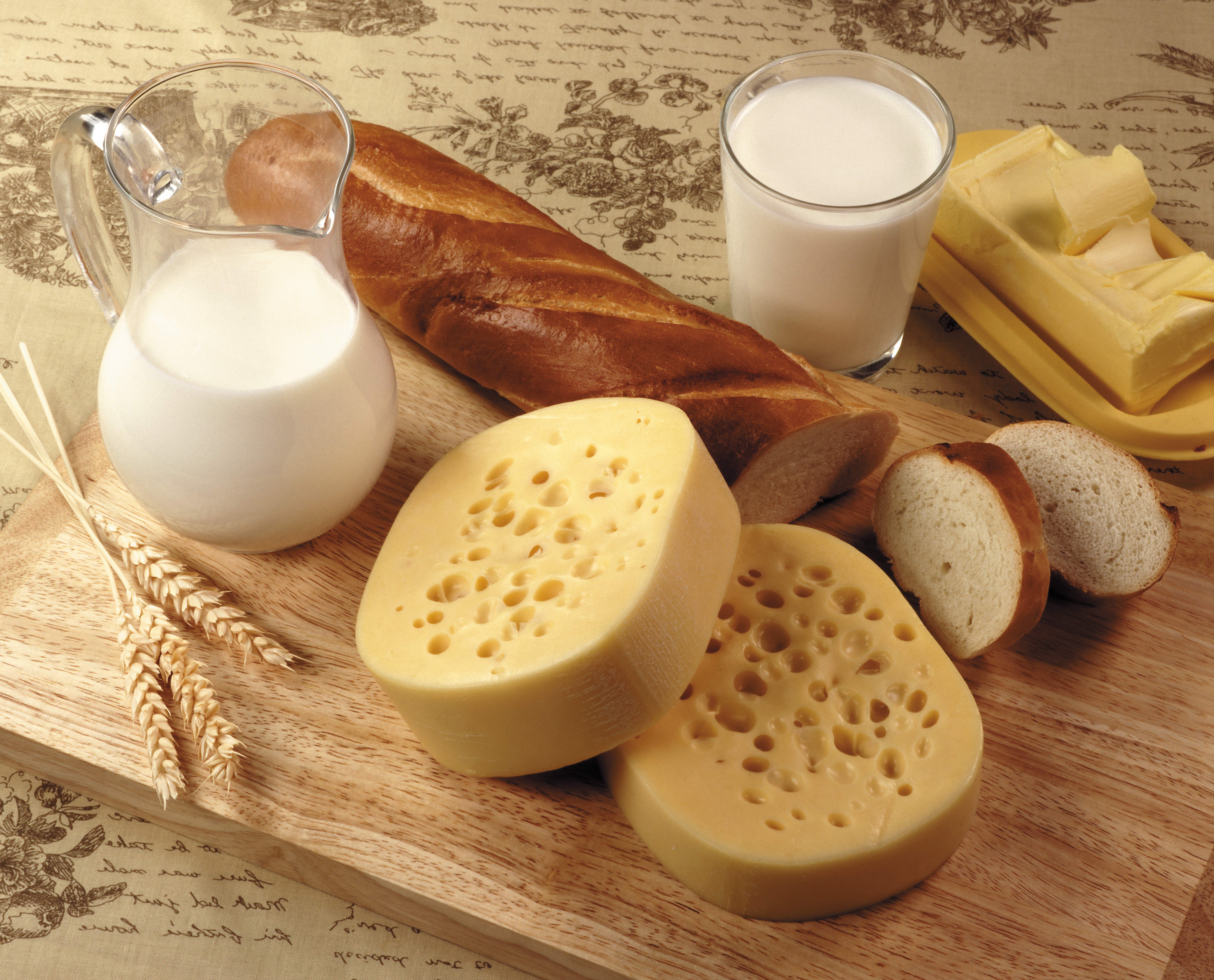 Still-life of bread, cheese, milk, and butter HD Wallpaper