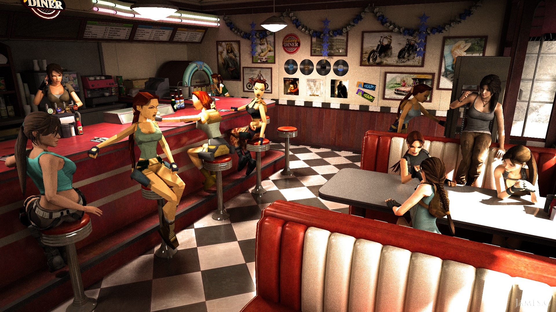 Lara Croft from Tomb Raider in a diner HD Wallpaper
