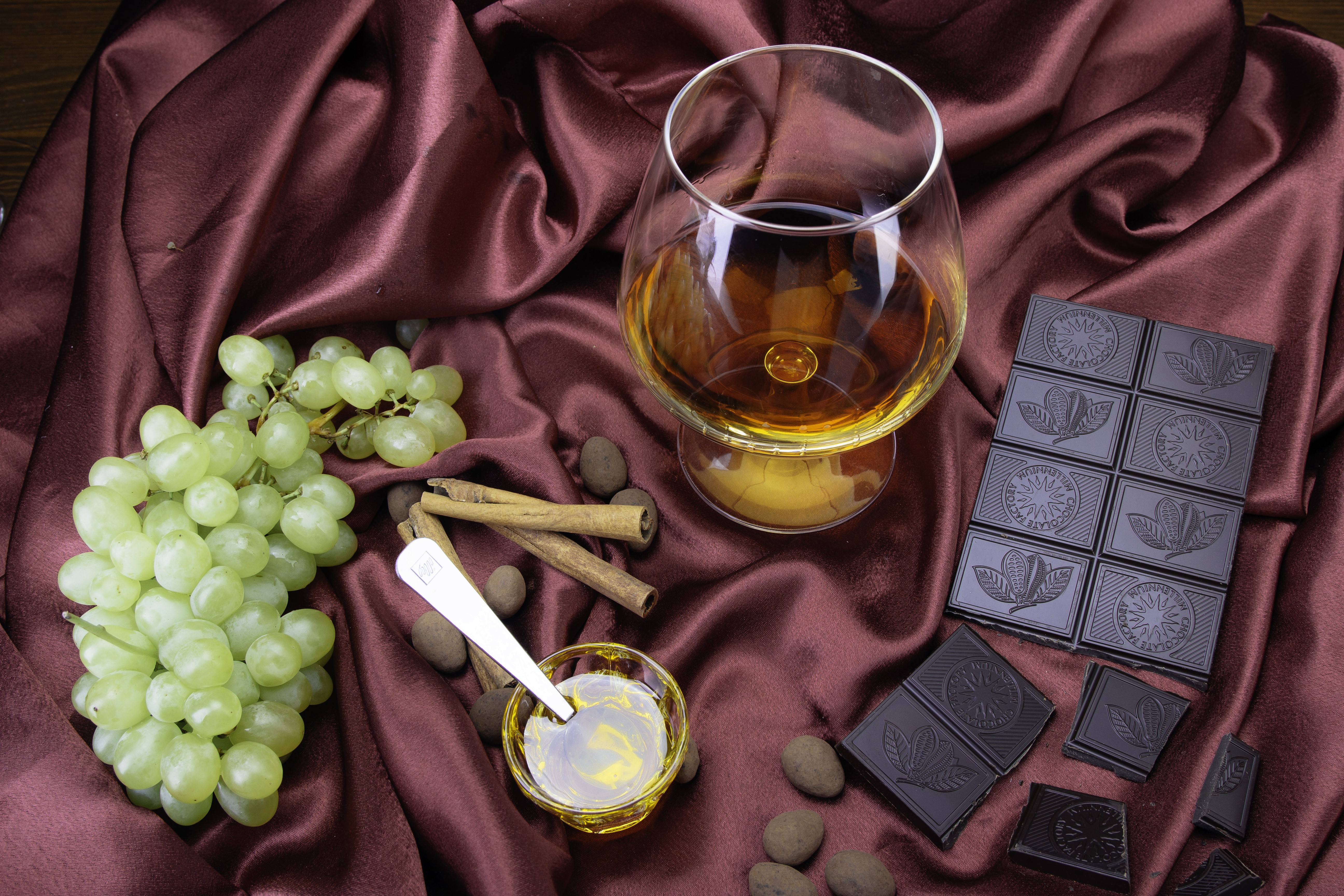 Still-life with Brandy, Grapes, Chocolate, and Cinnamon HD Wallpaper