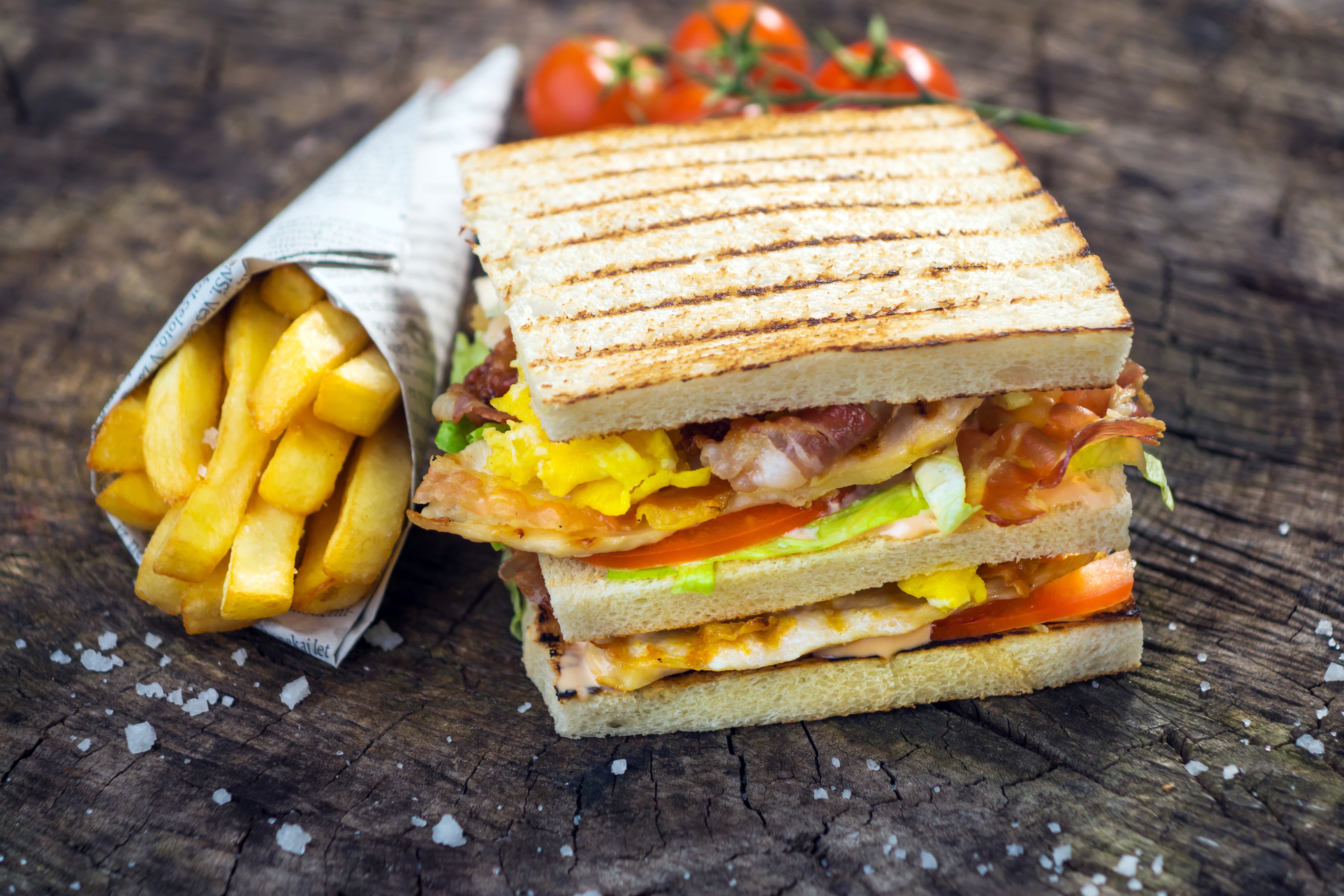 Sandwich with French fries and tomatoes HD Wallpaper