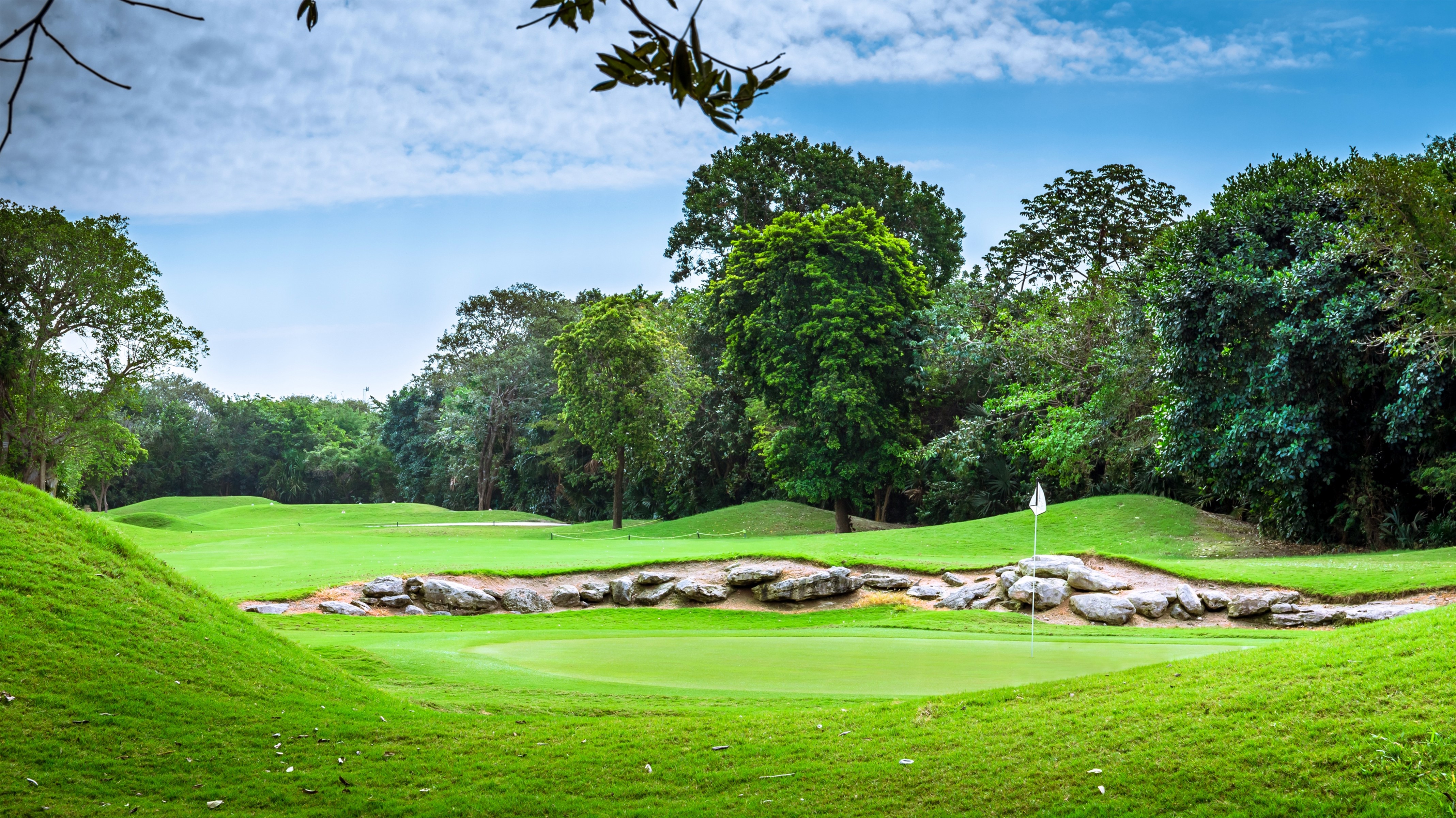 Golf course with trees and stones HD Wallpaper