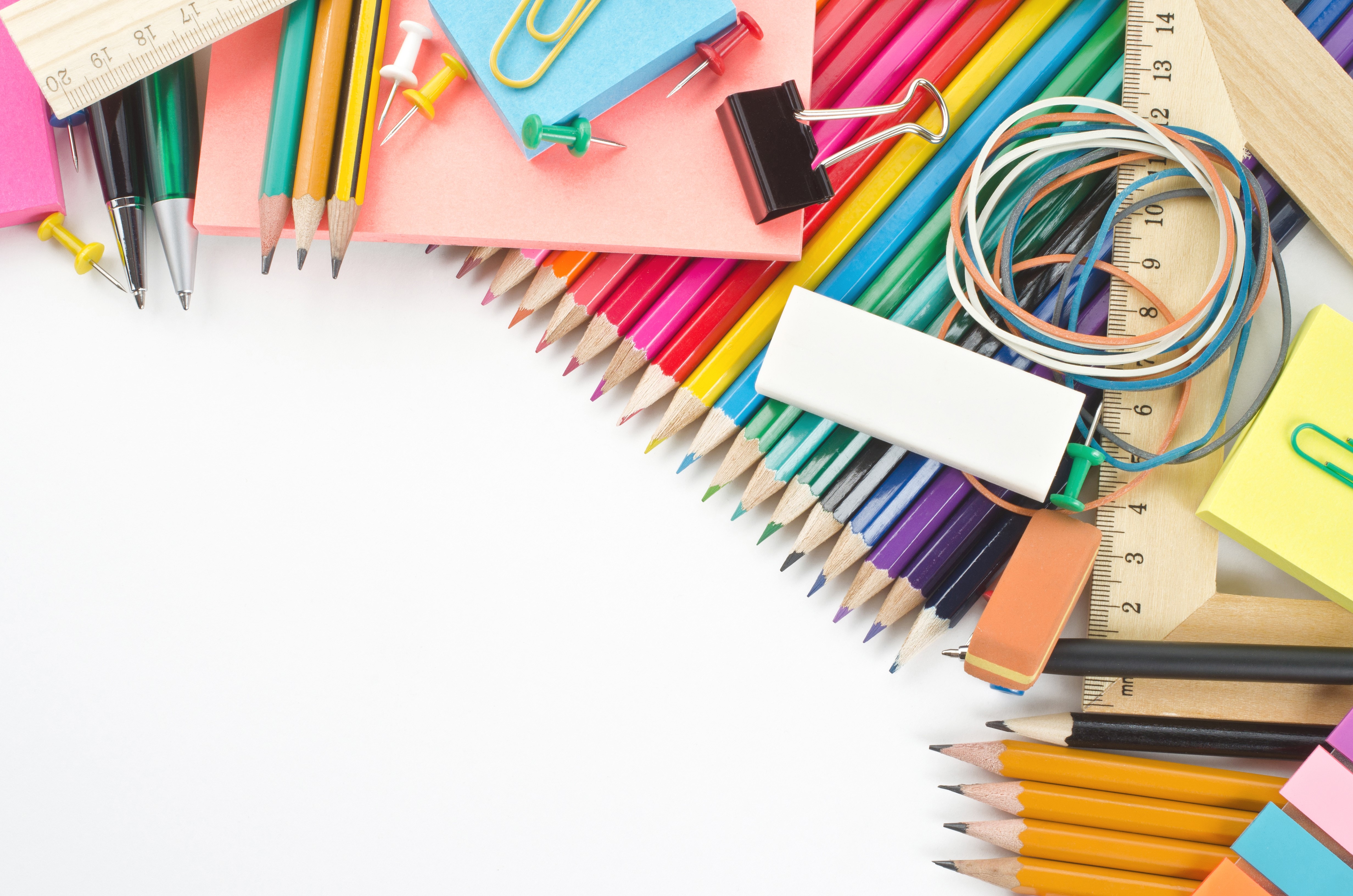 Stationery and Pencils on White Background HD Wallpaper