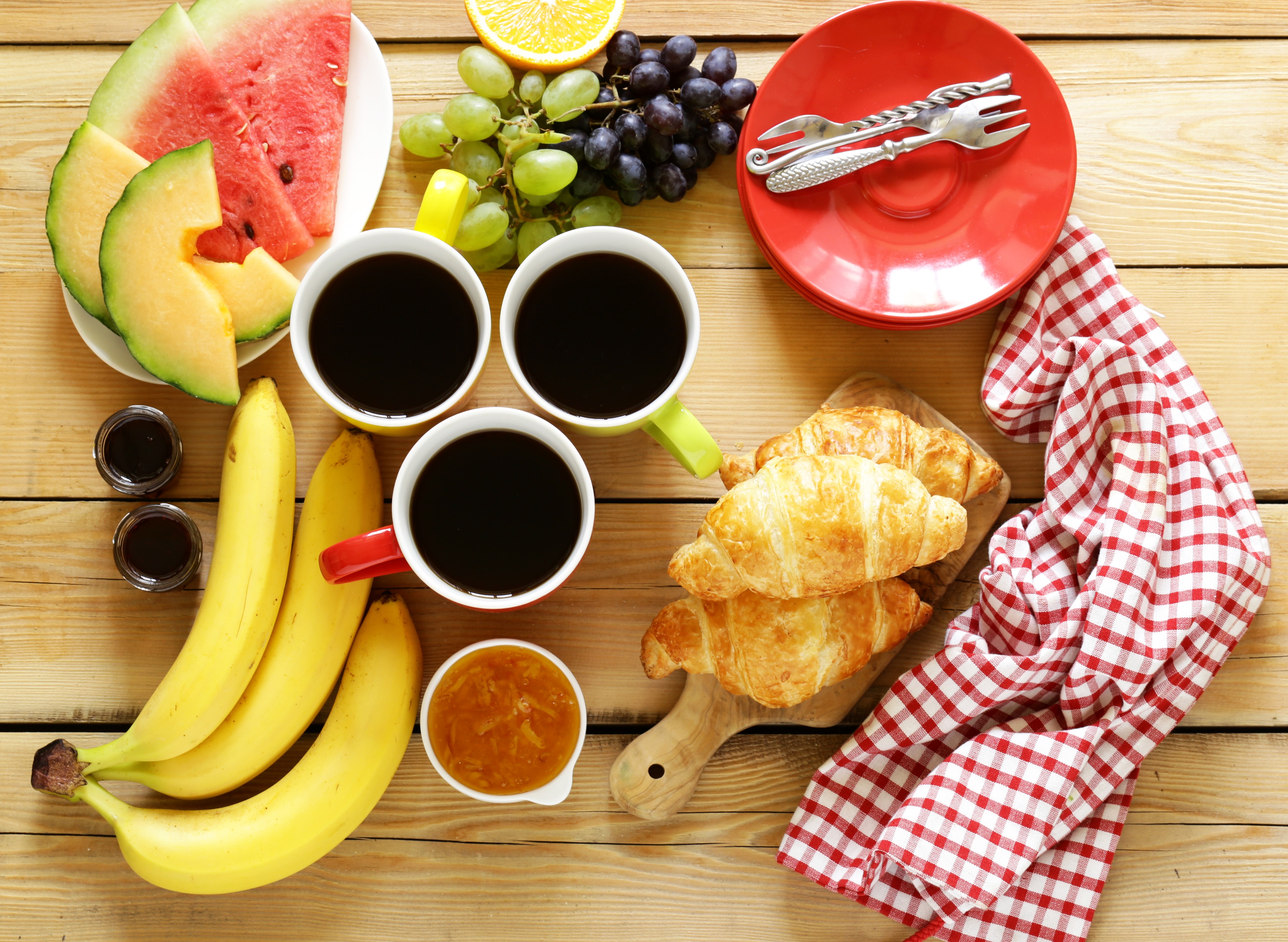 Breakfast with Coffee, Croissants, and Fruit HD Wallpaper