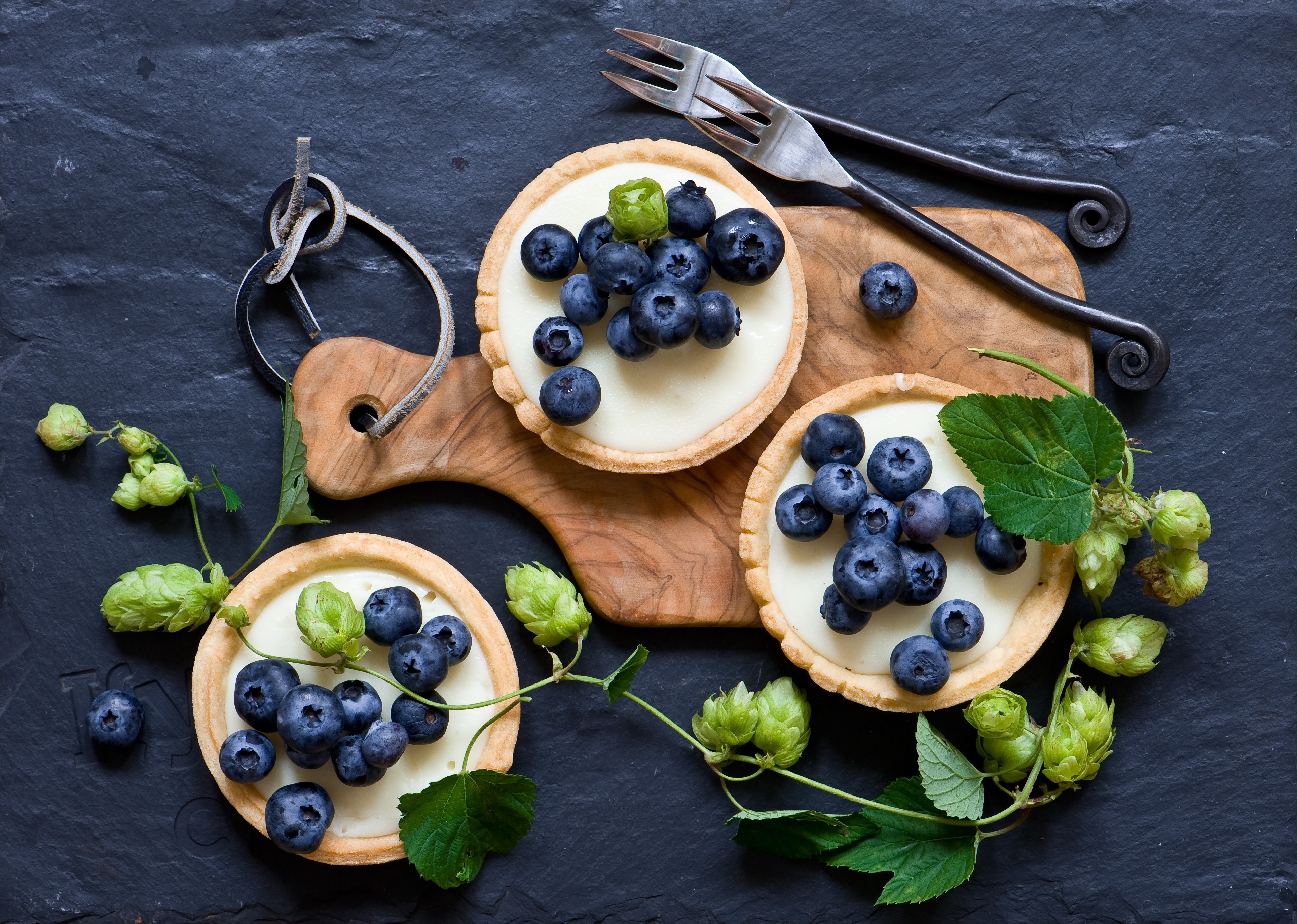 Three blueberry tarts with hops on a slate surface HD Wallpaper