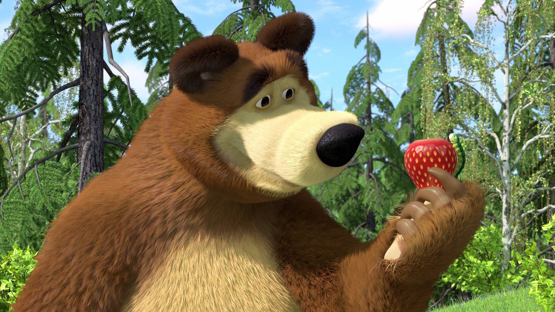Bear from Masha and the Bear holding a strawberry HD Wallpaper