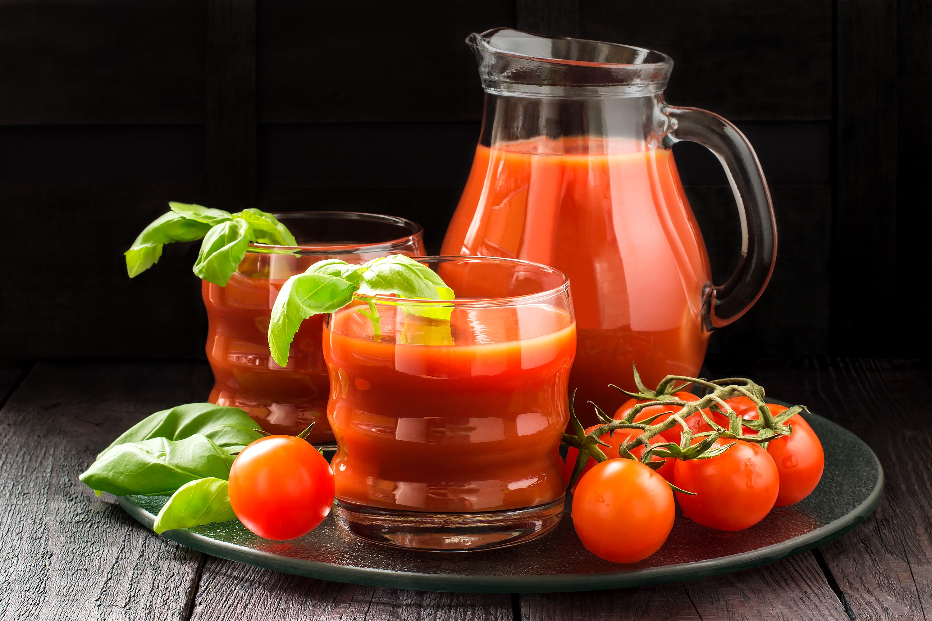 Tomato Juice in Glasses and Pitcher with Tomatoes and Basil HD Wallpaper