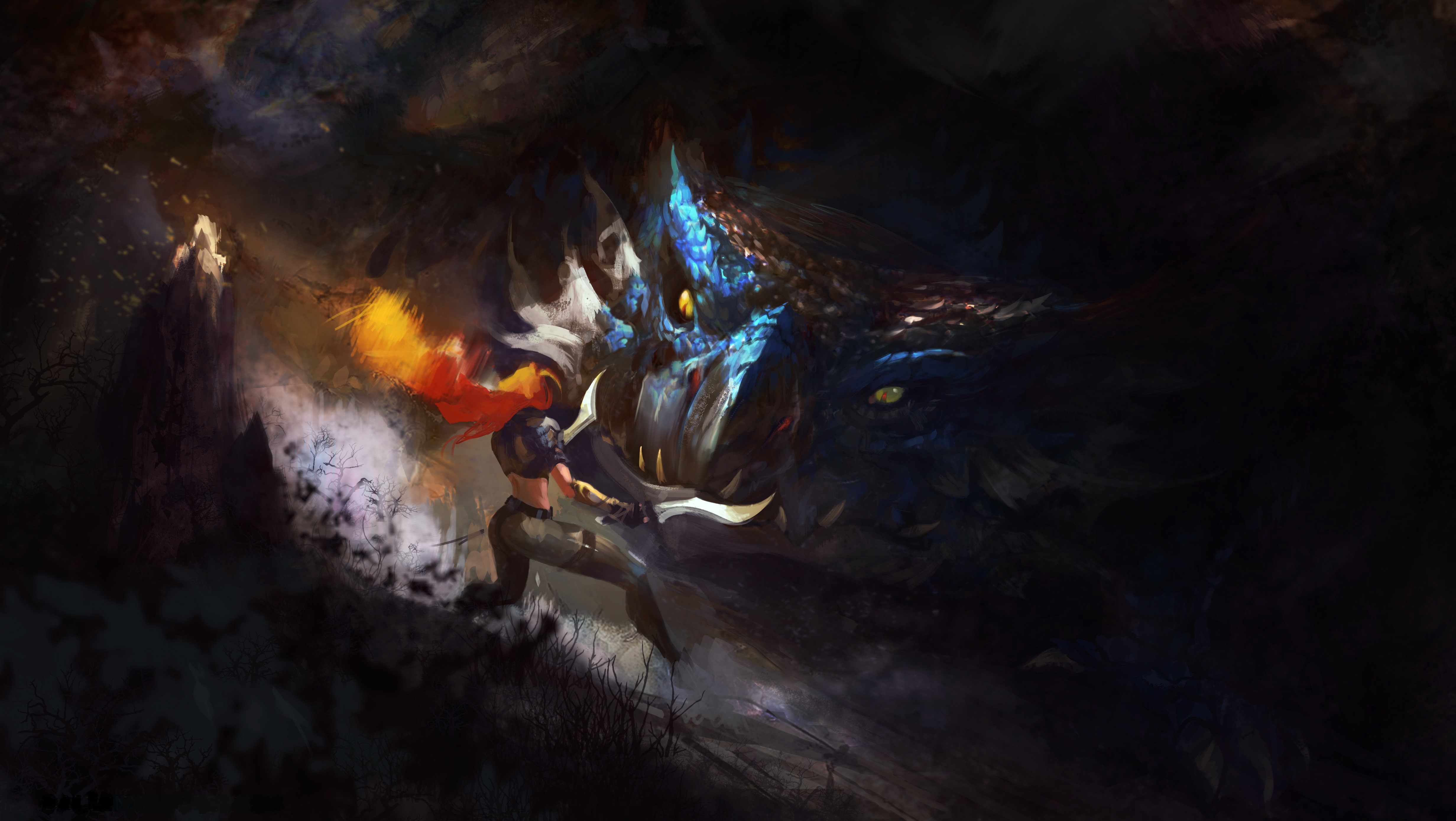 Warrior fighting a dragon HD Wallpaper