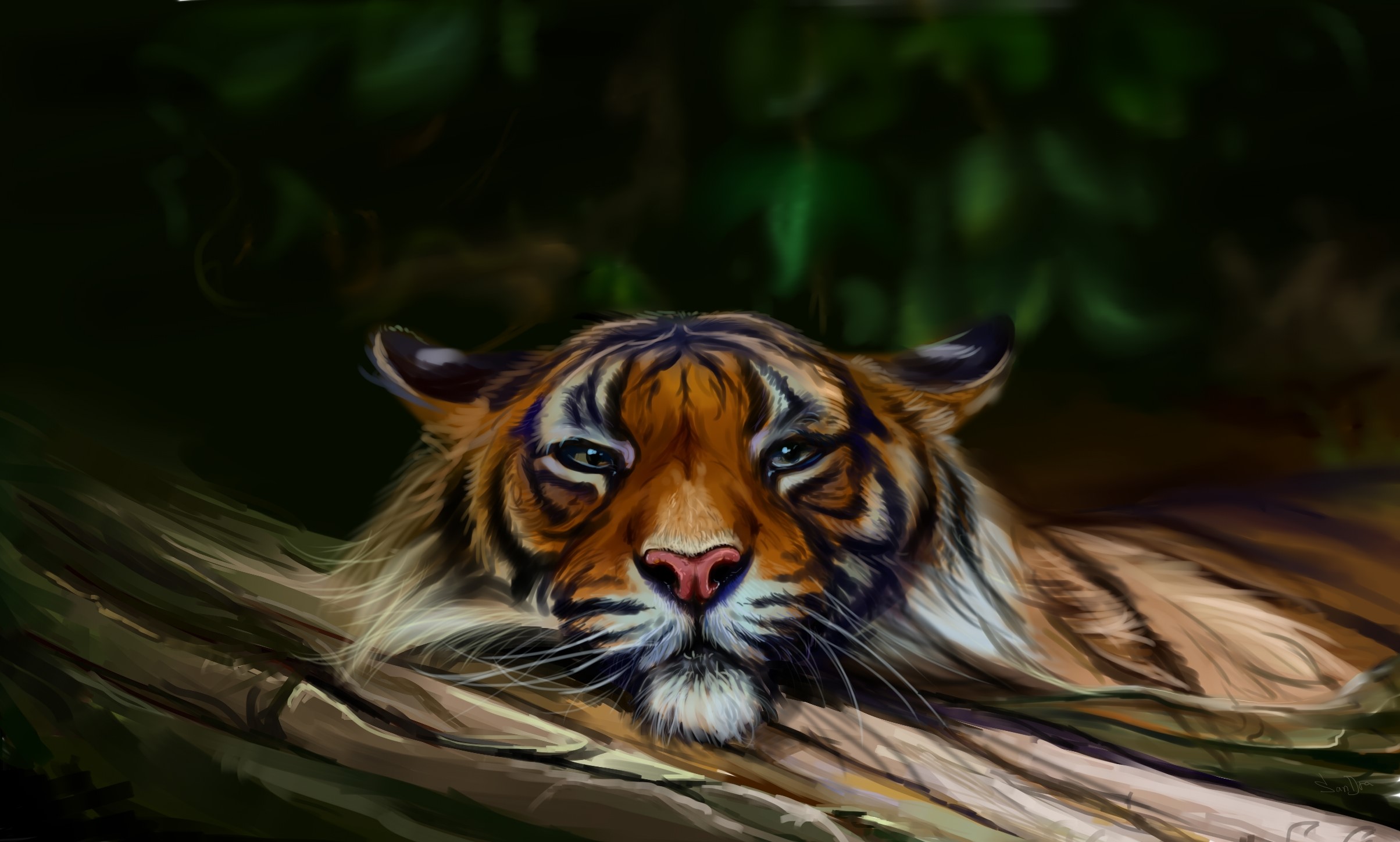 Painting of a tiger resting on a log HD Wallpaper