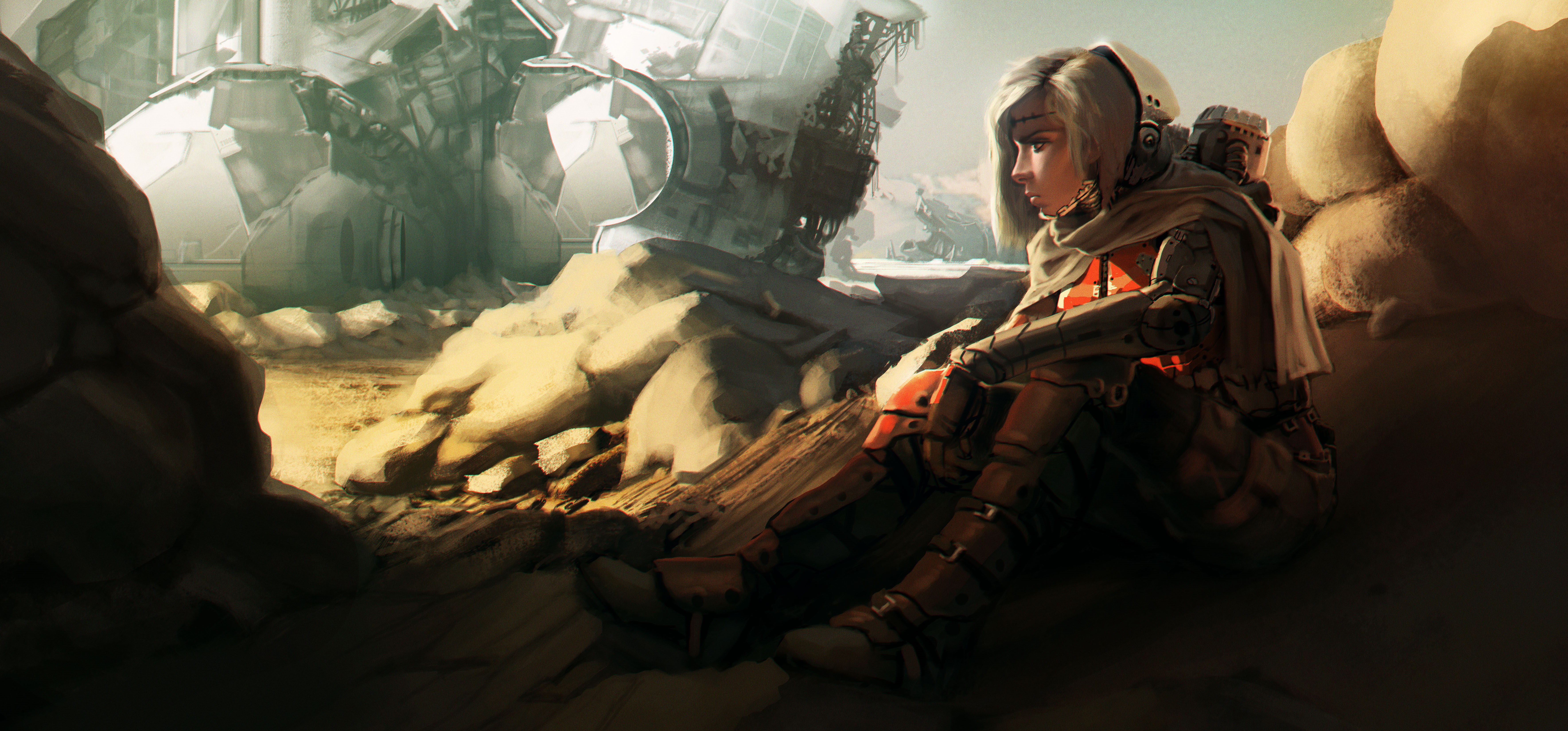 Blonde girl sitting in a desolate landscape HD Wallpaper