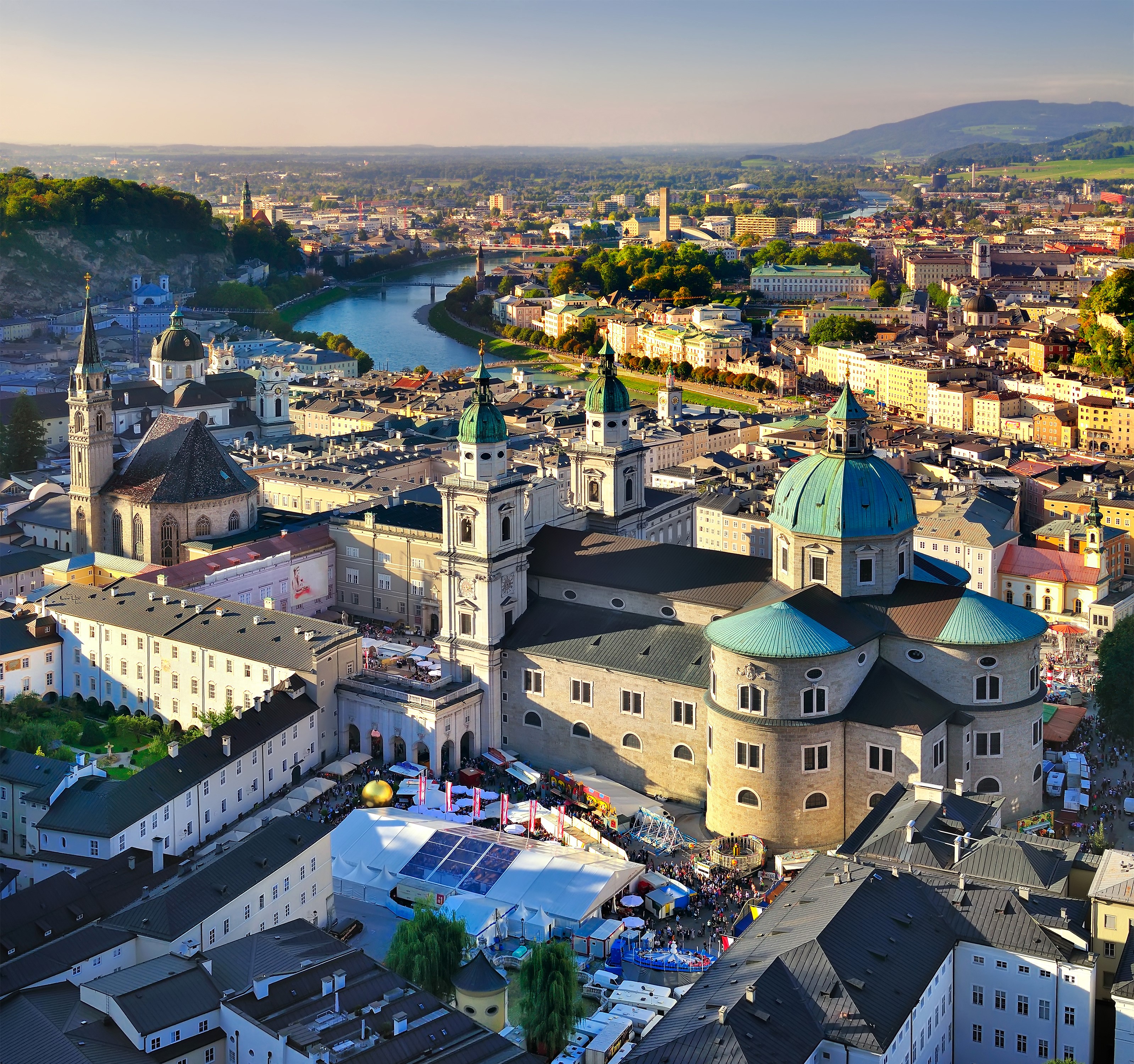 Salzburg Cathedral and cityscape with river in Austria HD Wallpaper