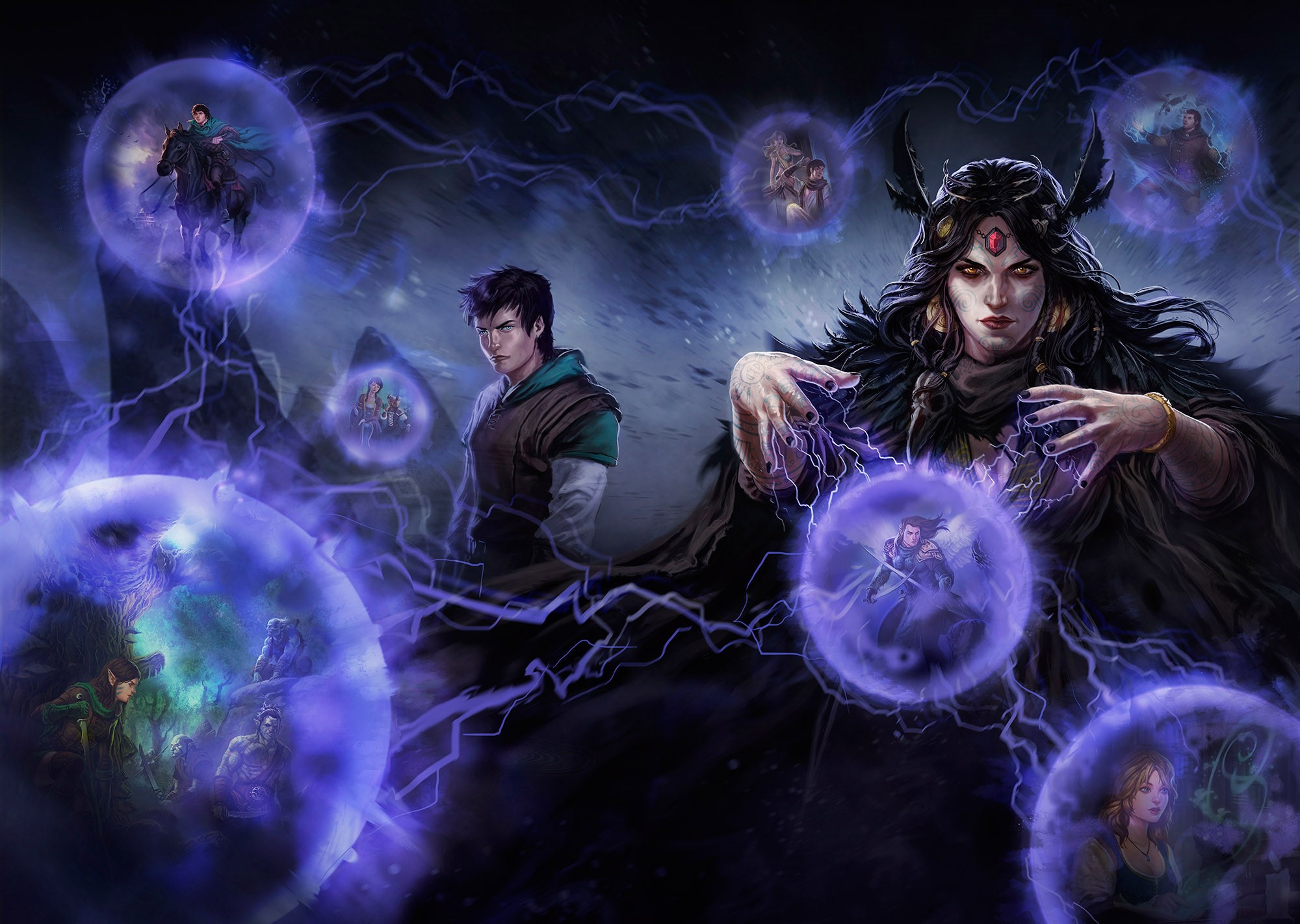 Sorceress and young man with magical orbs HD Wallpaper