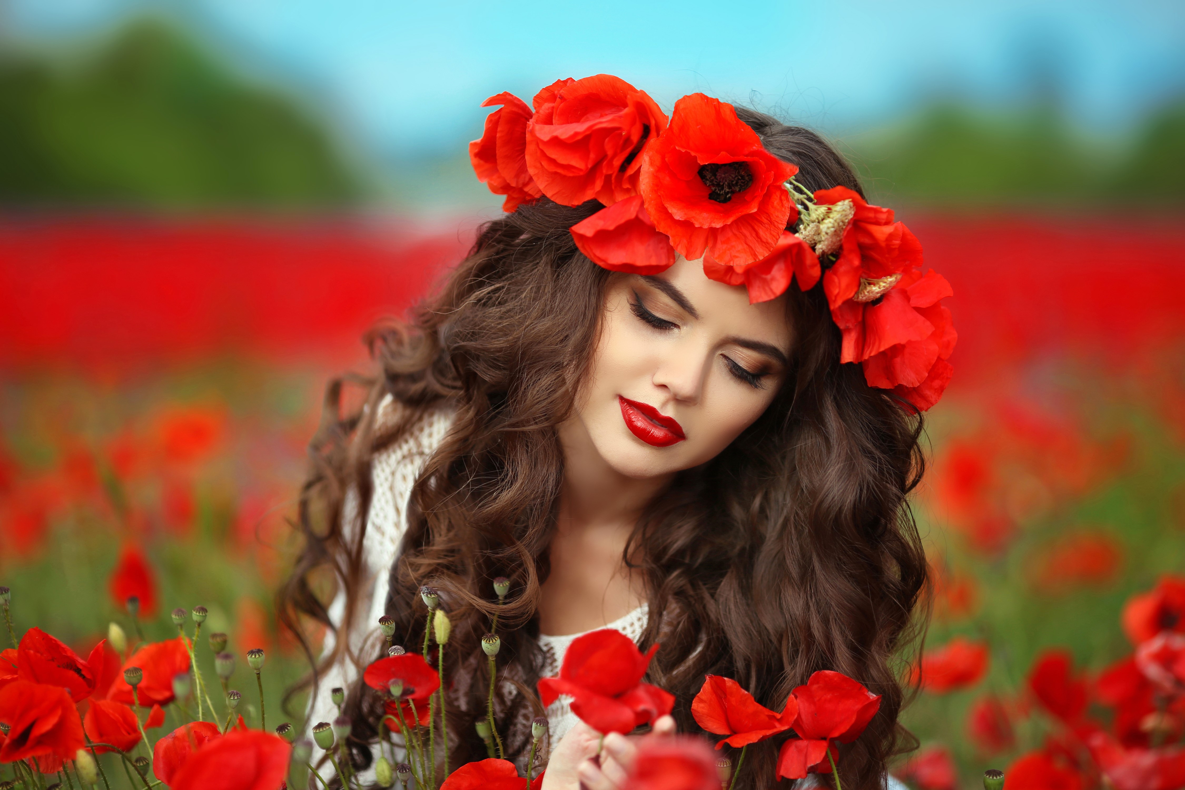Woman with Poppy Wreath in Poppy Field HD Wallpaper