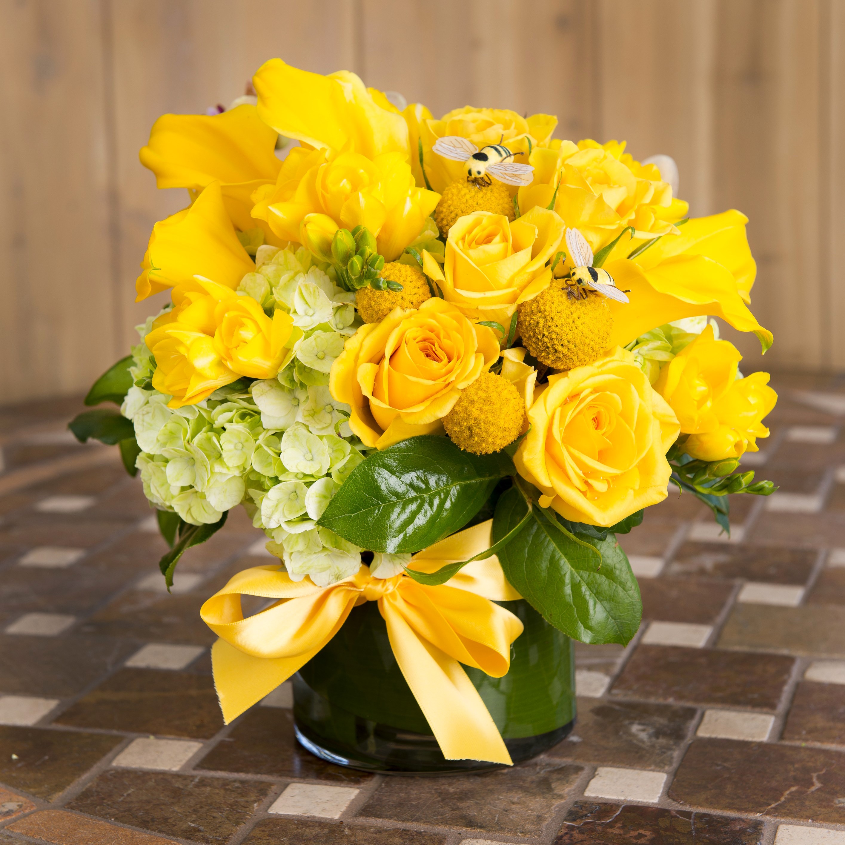 Yellow Roses and Calla Lilies Bouquet with Bees HD Wallpaper