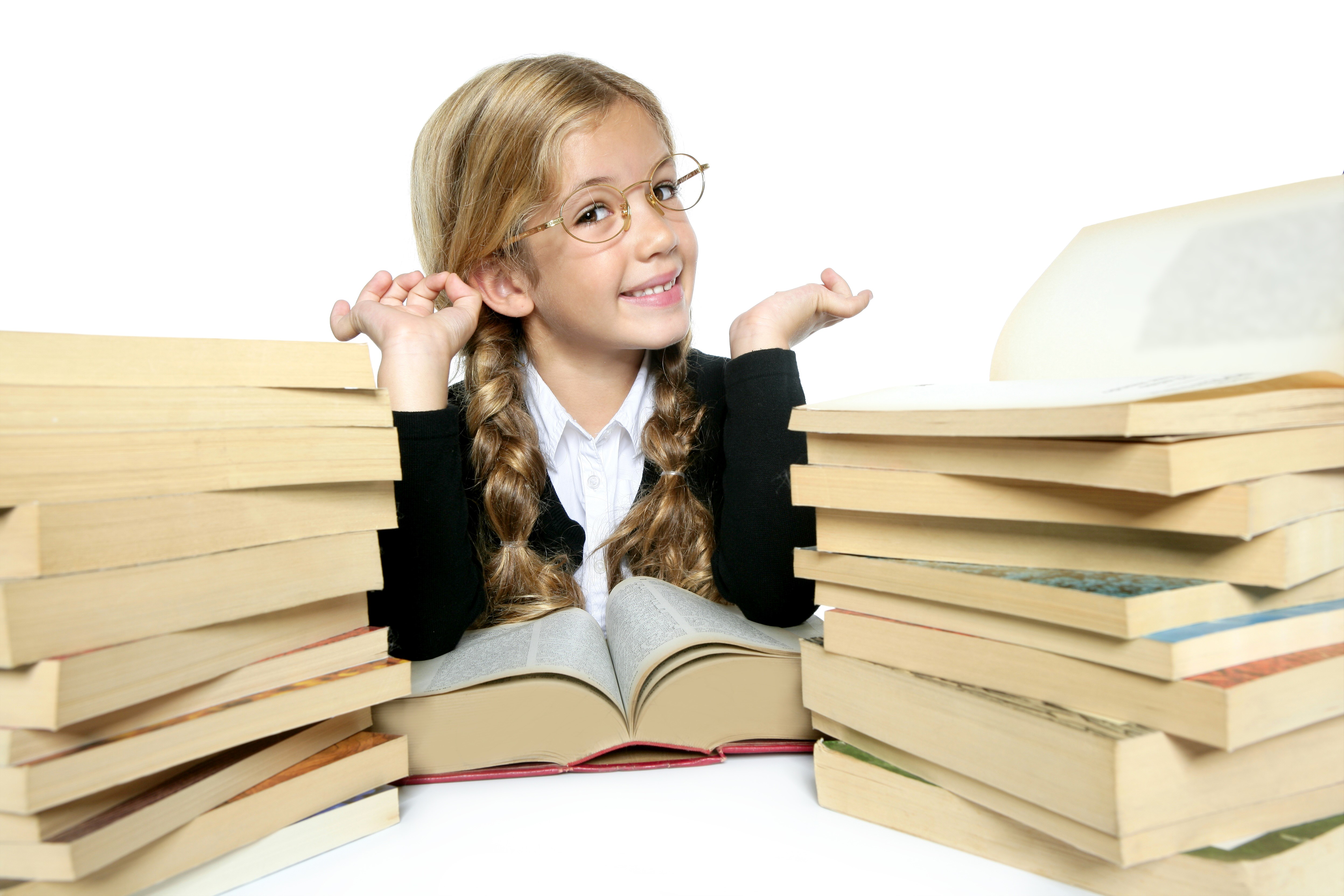 Little girl with glasses and books HD Wallpaper