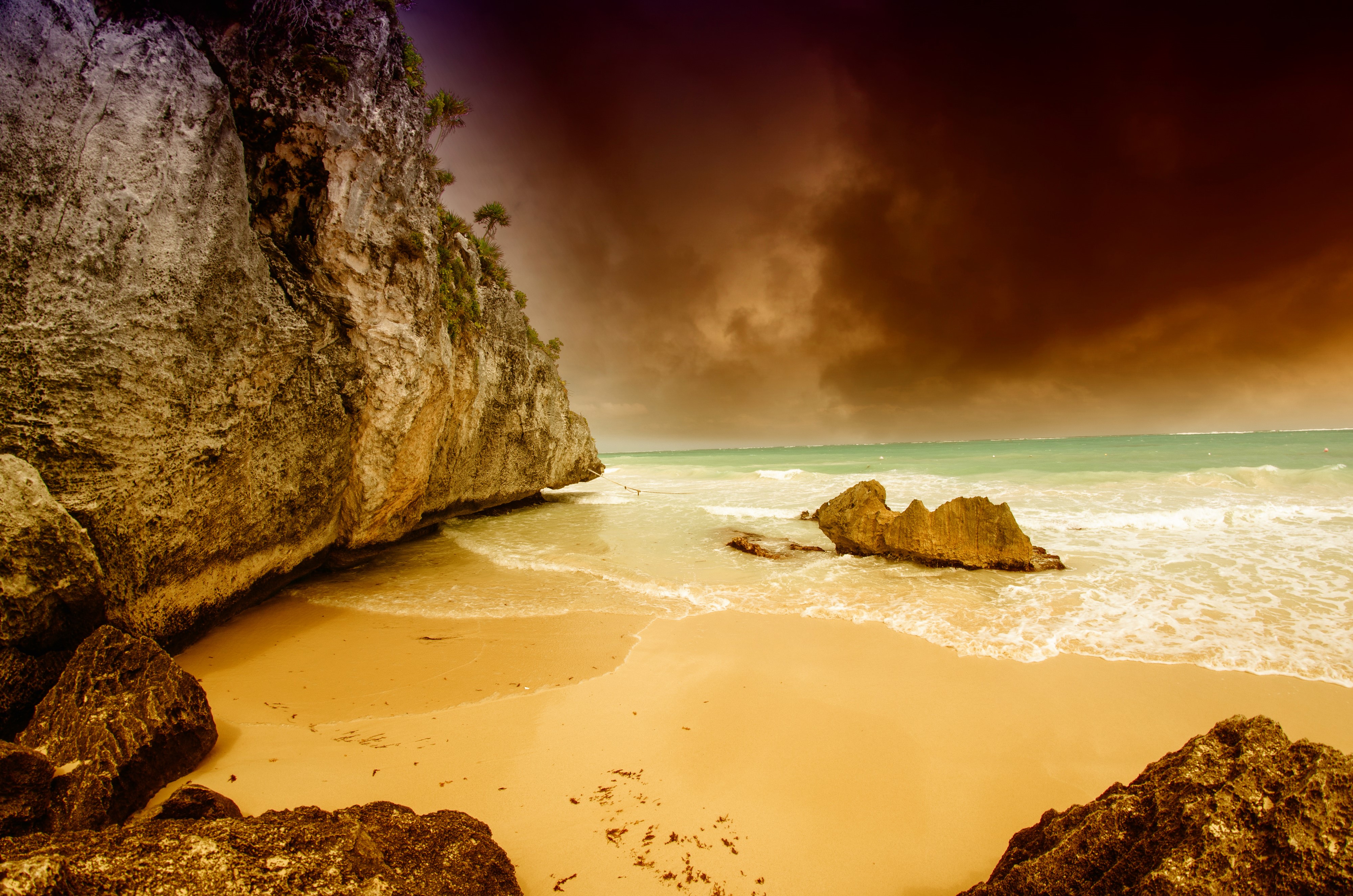 Tulum Coast Mexico with Crag and Waves HD Wallpaper