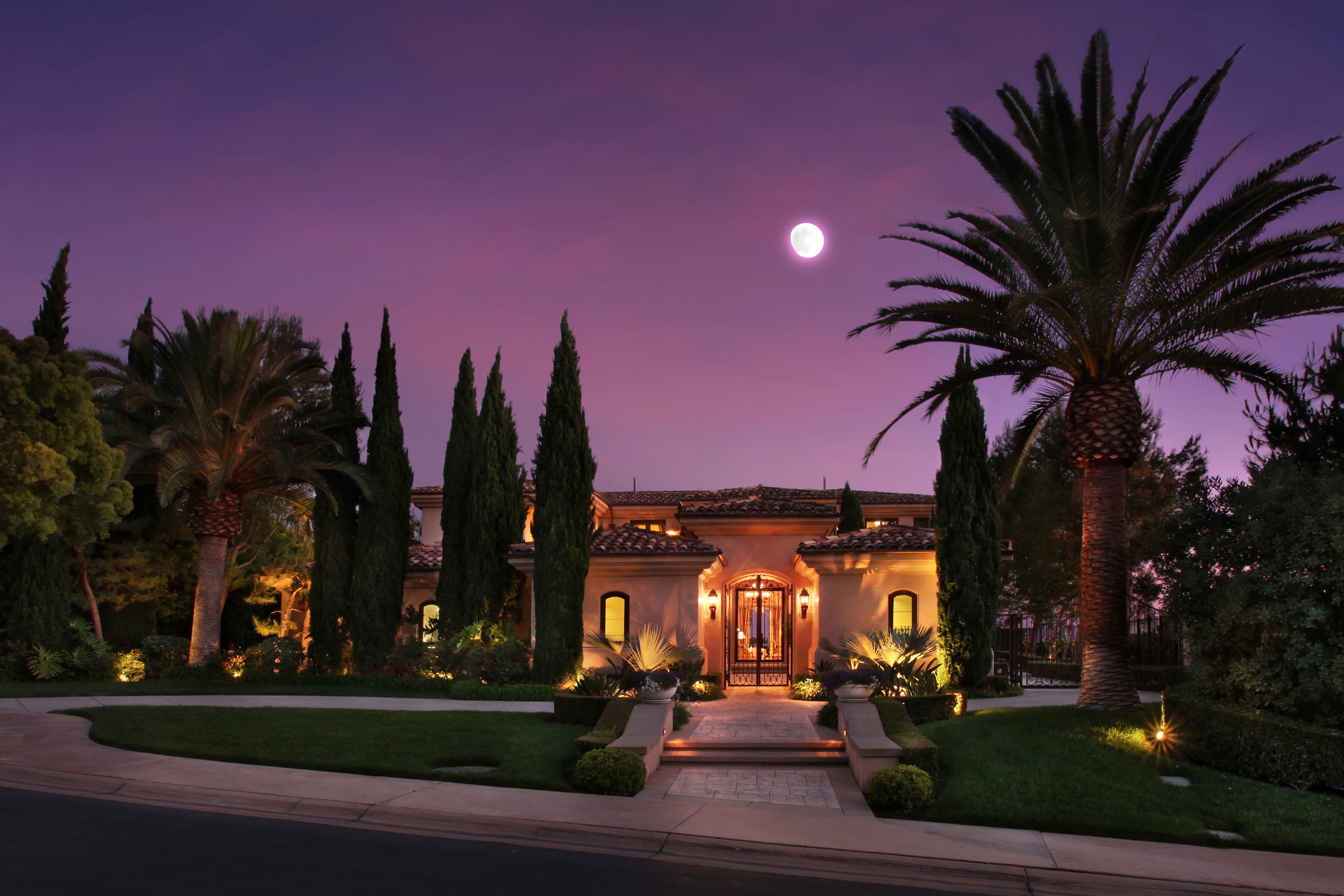 Luxury Mansion at Night with Full Moon HD Wallpaper