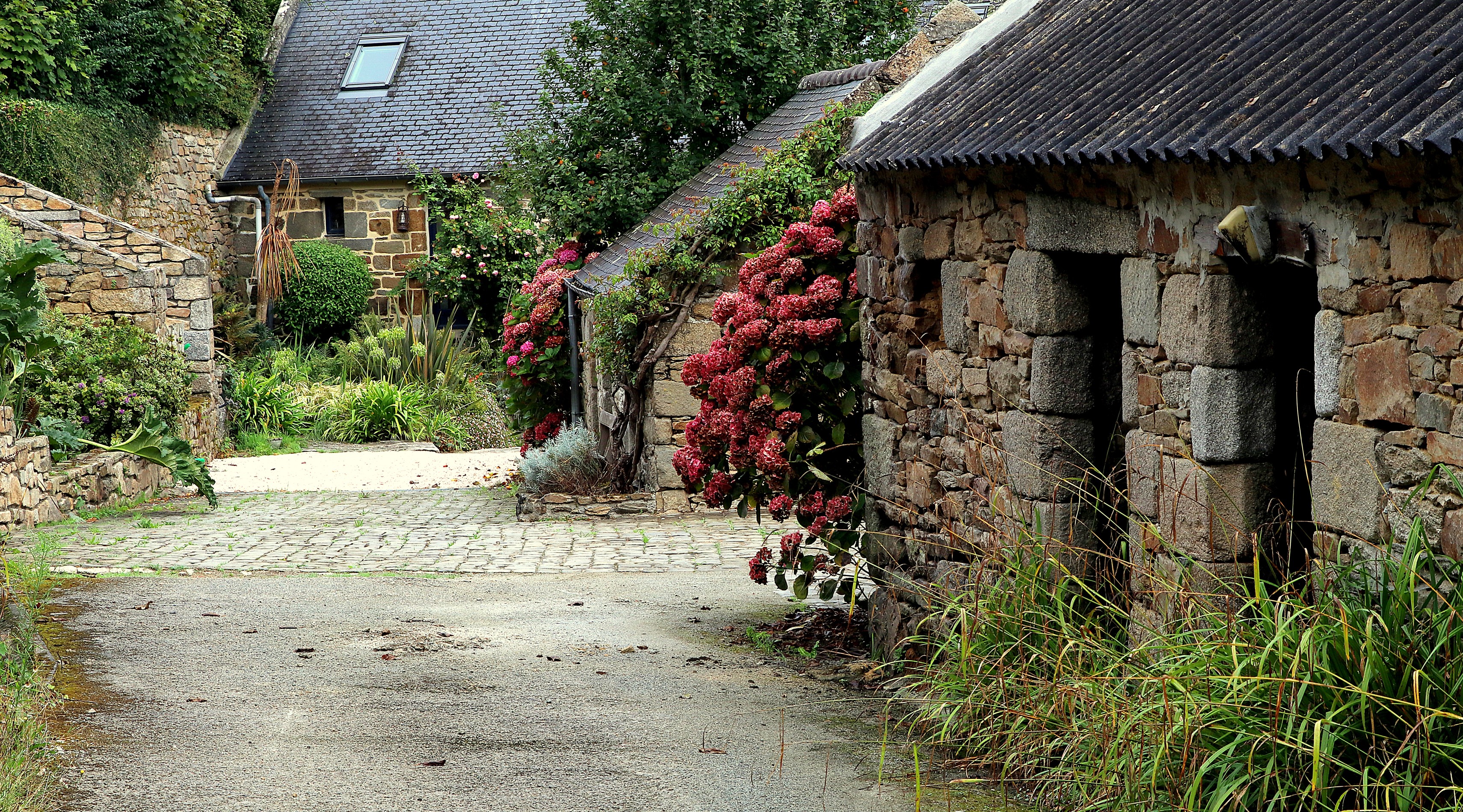Stone houses and cobblestone path in Kersaint, Brittany, France HD Wallpaper