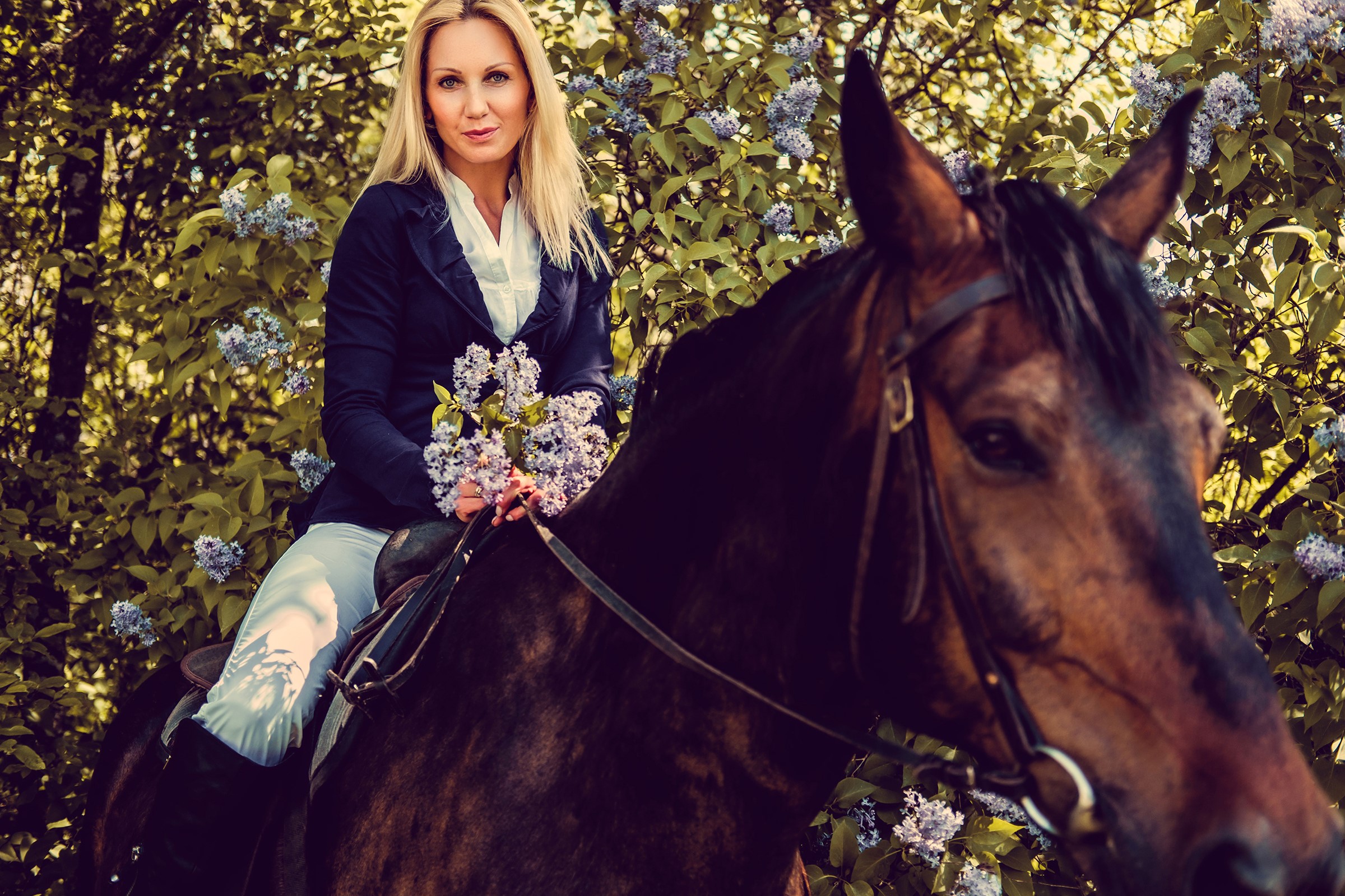 Blonde woman on a horse holding flowers HD Wallpaper