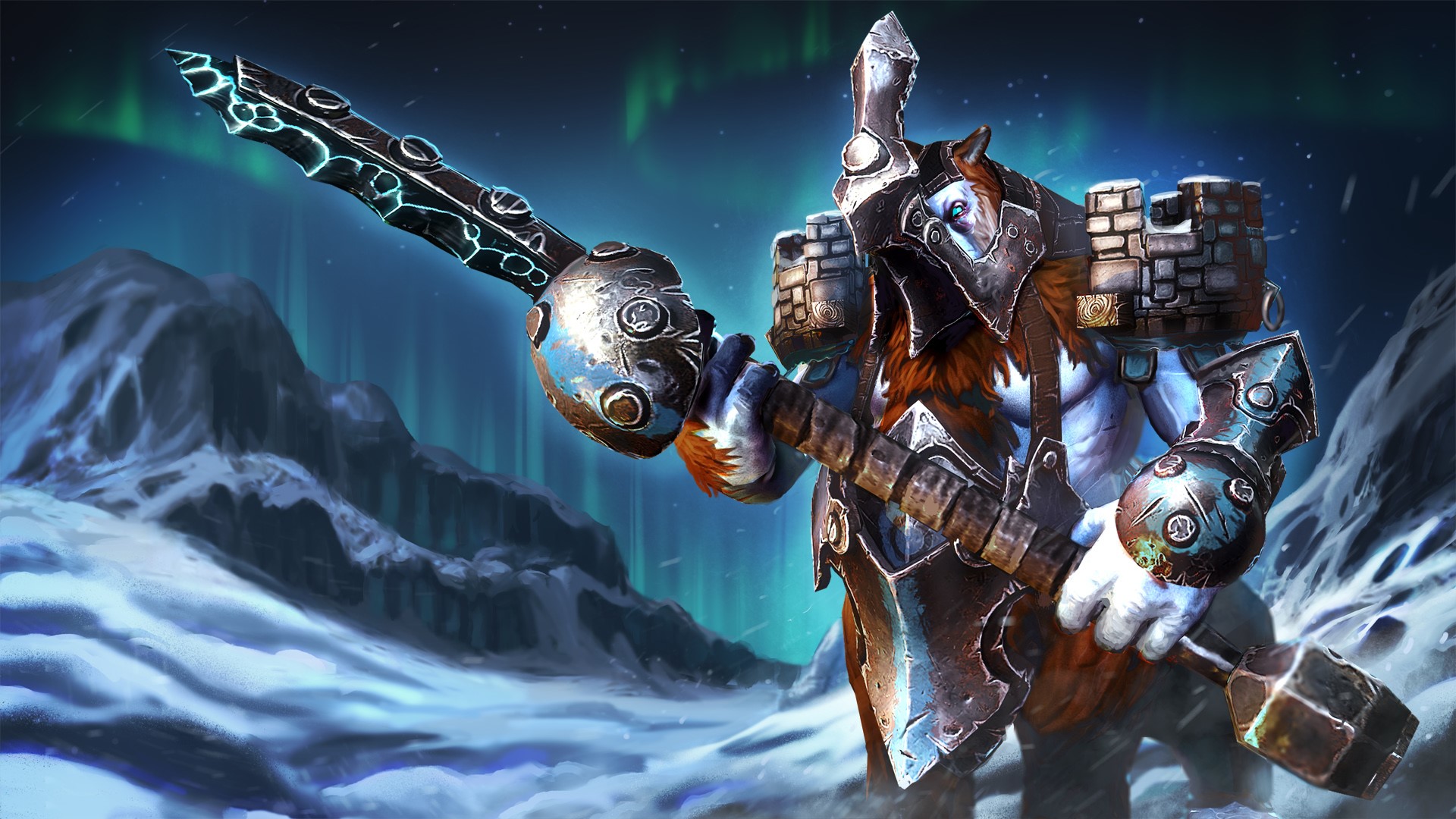 Magnus from DOTA 2 with a spear in a snowy landscape HD Wallpaper