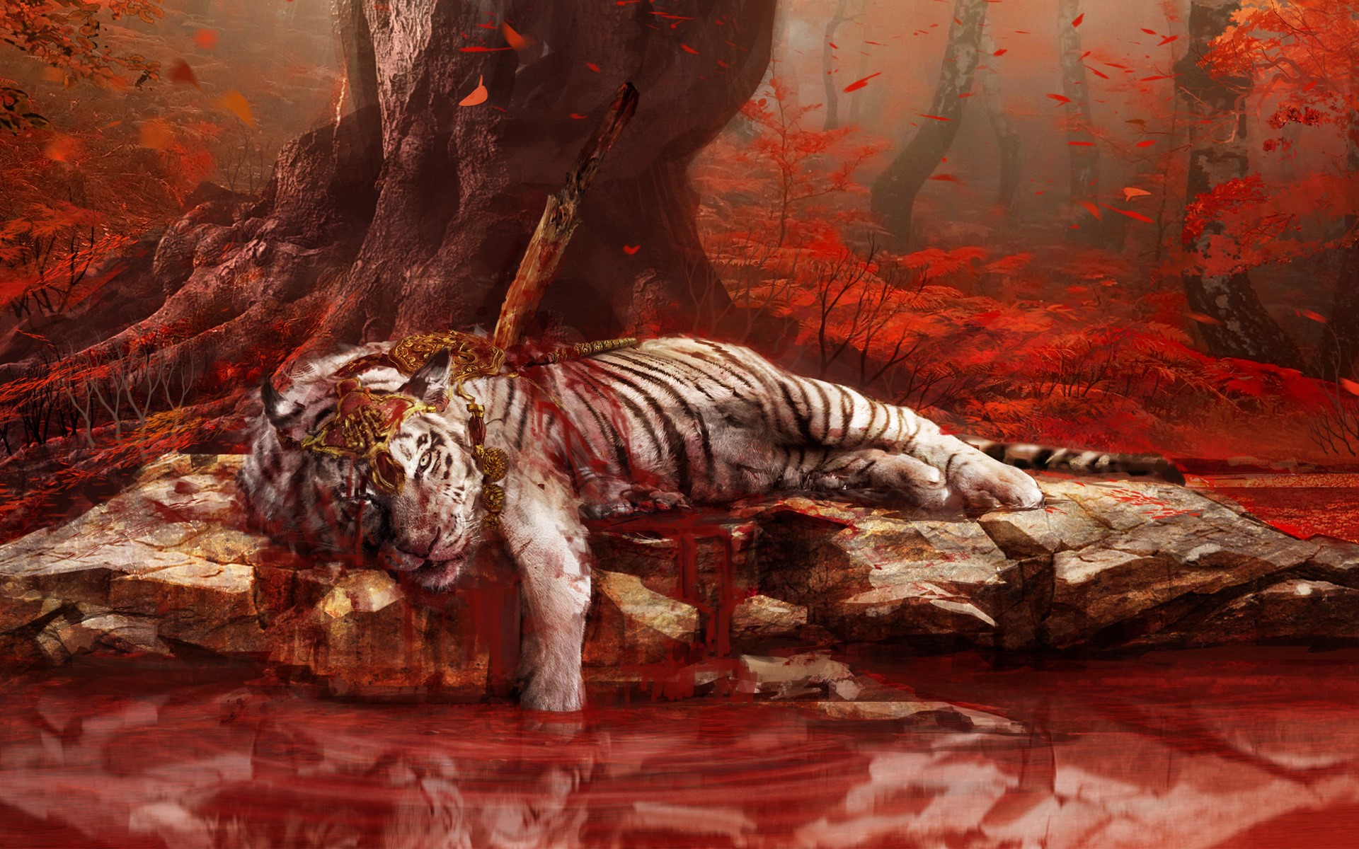 White Tiger in Blood-Soaked Forest from Far Cry 4 HD Wallpaper