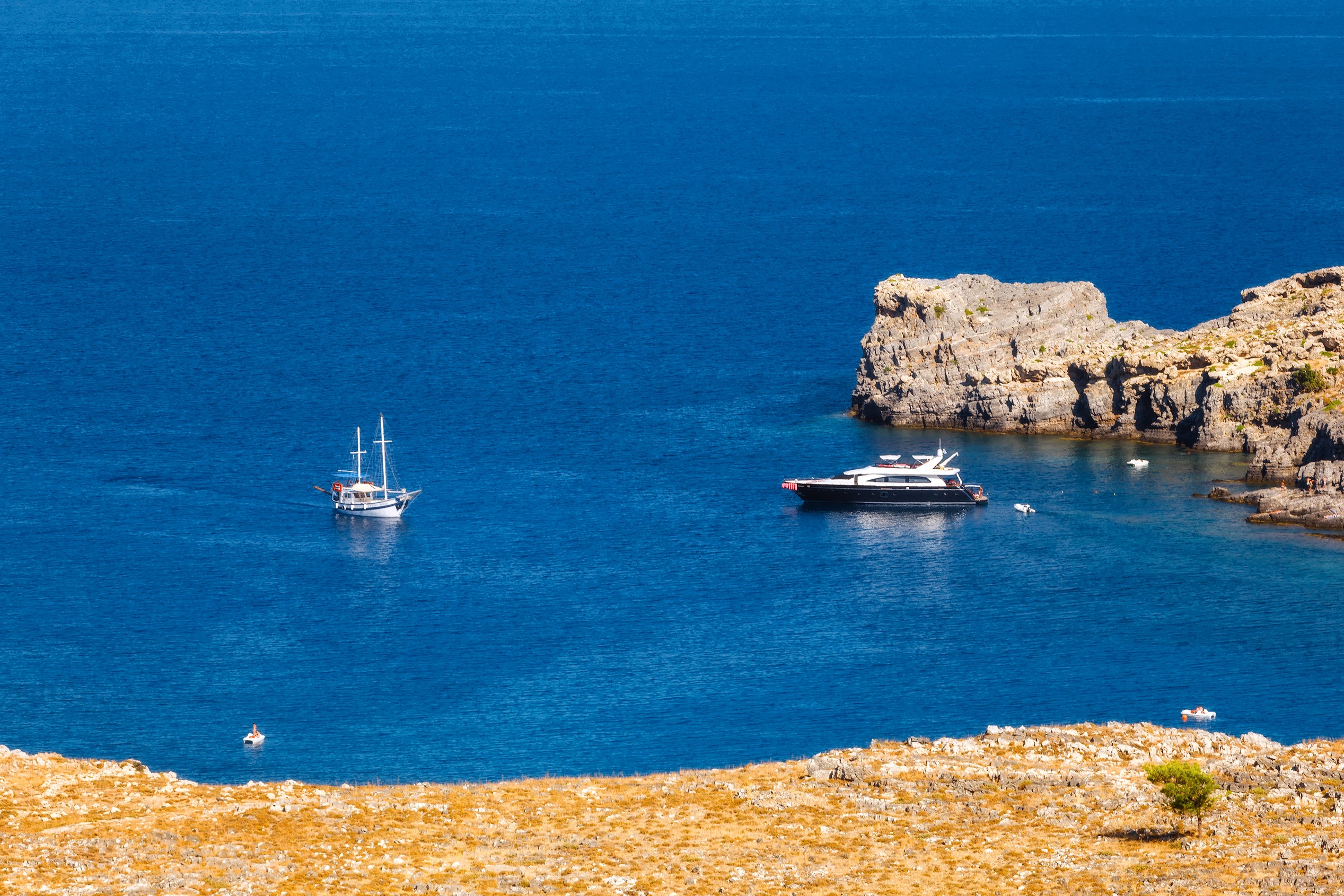 Yacht and sailboat on the sea near Rhodes Island, Greece HD Wallpaper