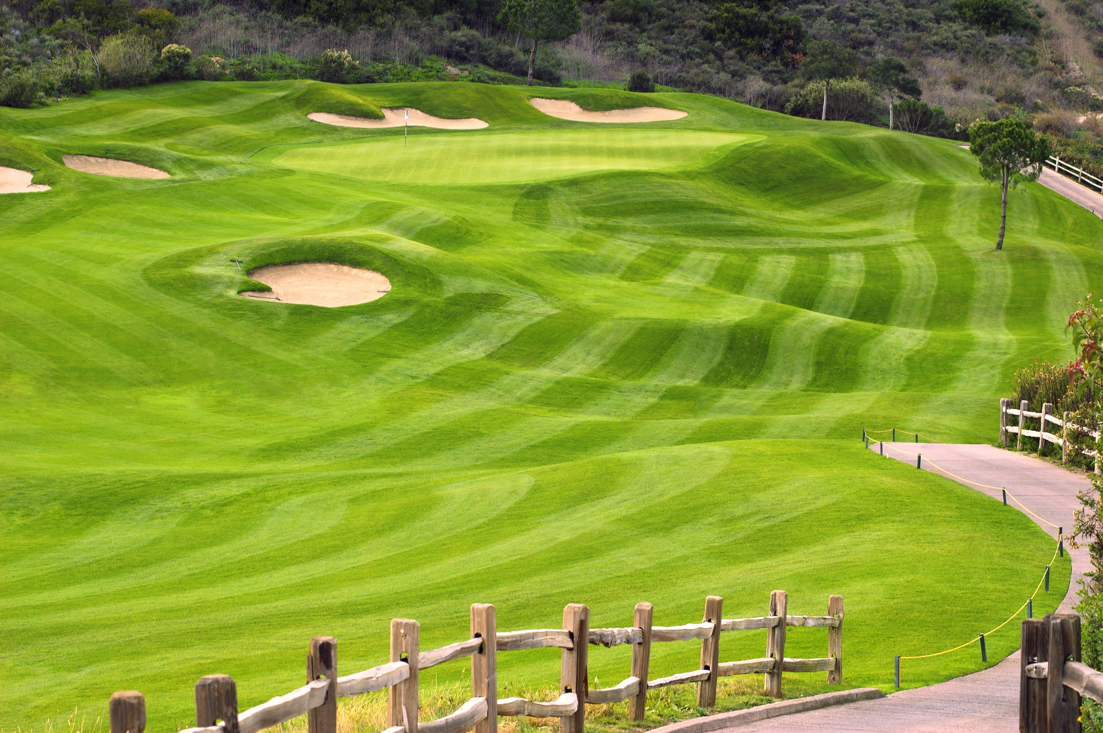 Golf course with sand traps and rolling green hills HD Wallpaper