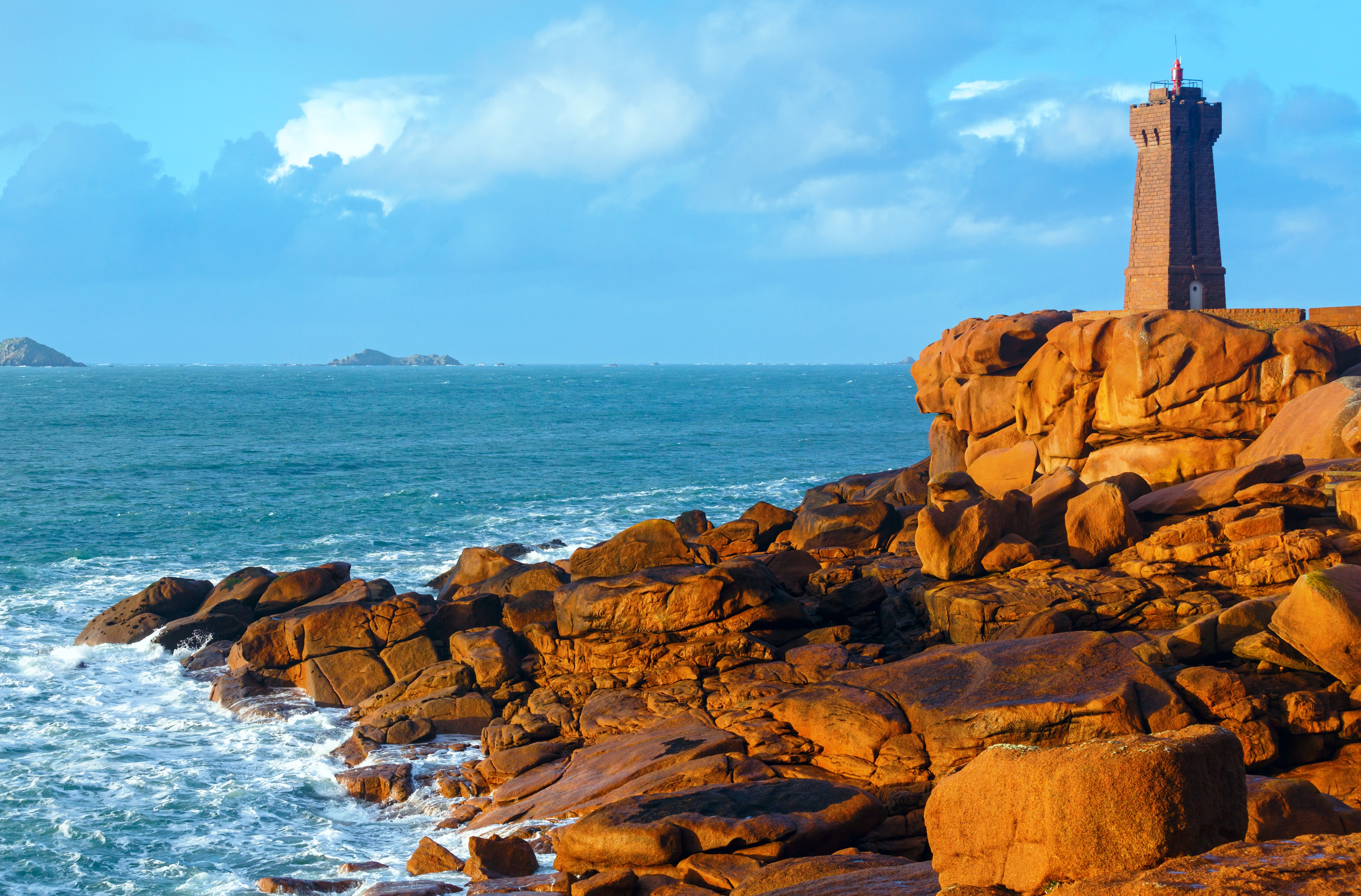 Ploumanach Lighthouse Brittany France Coast Sea Stones HD Wallpaper