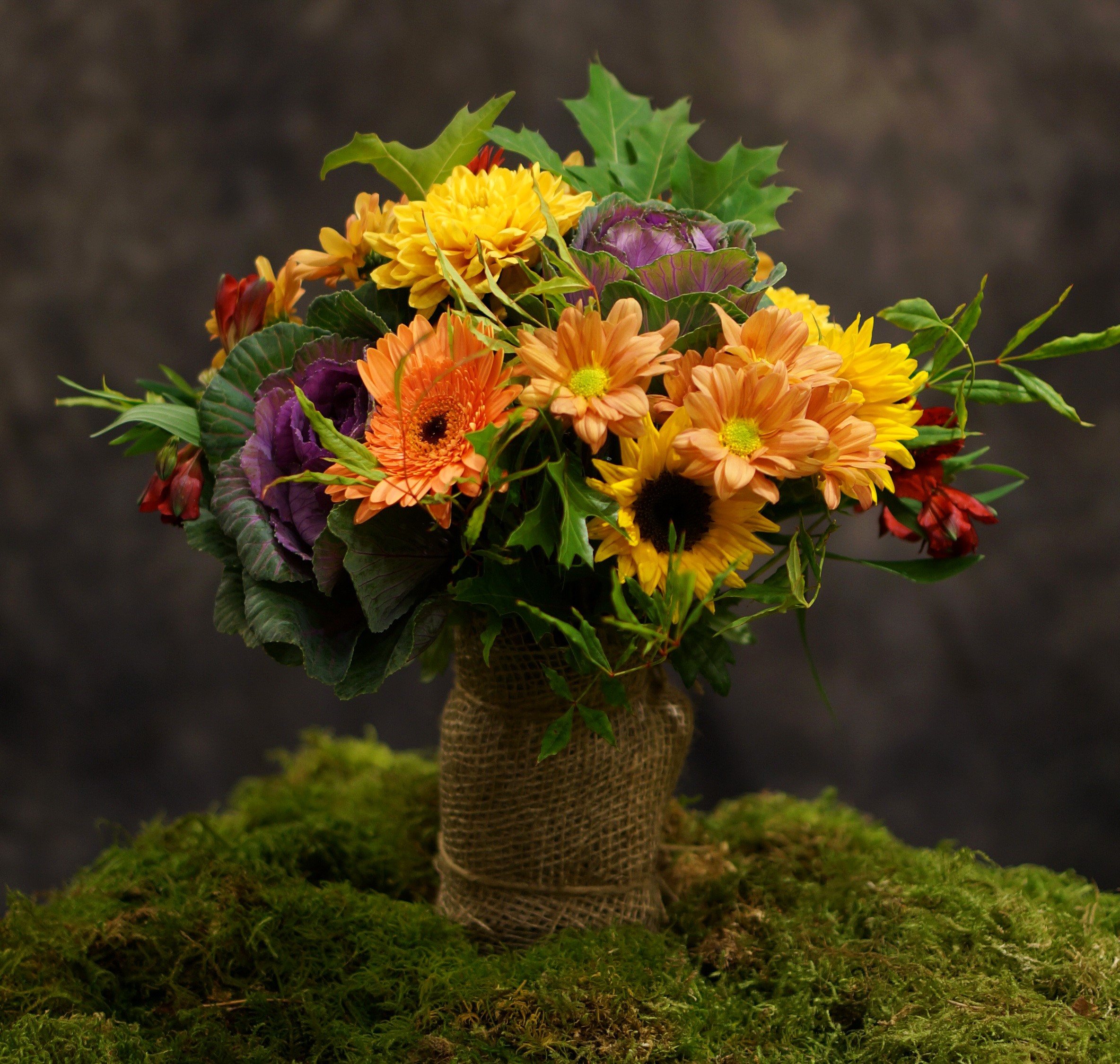 Autumn bouquet with gerberas, chrysanthemums, and sunflowers HD Wallpaper