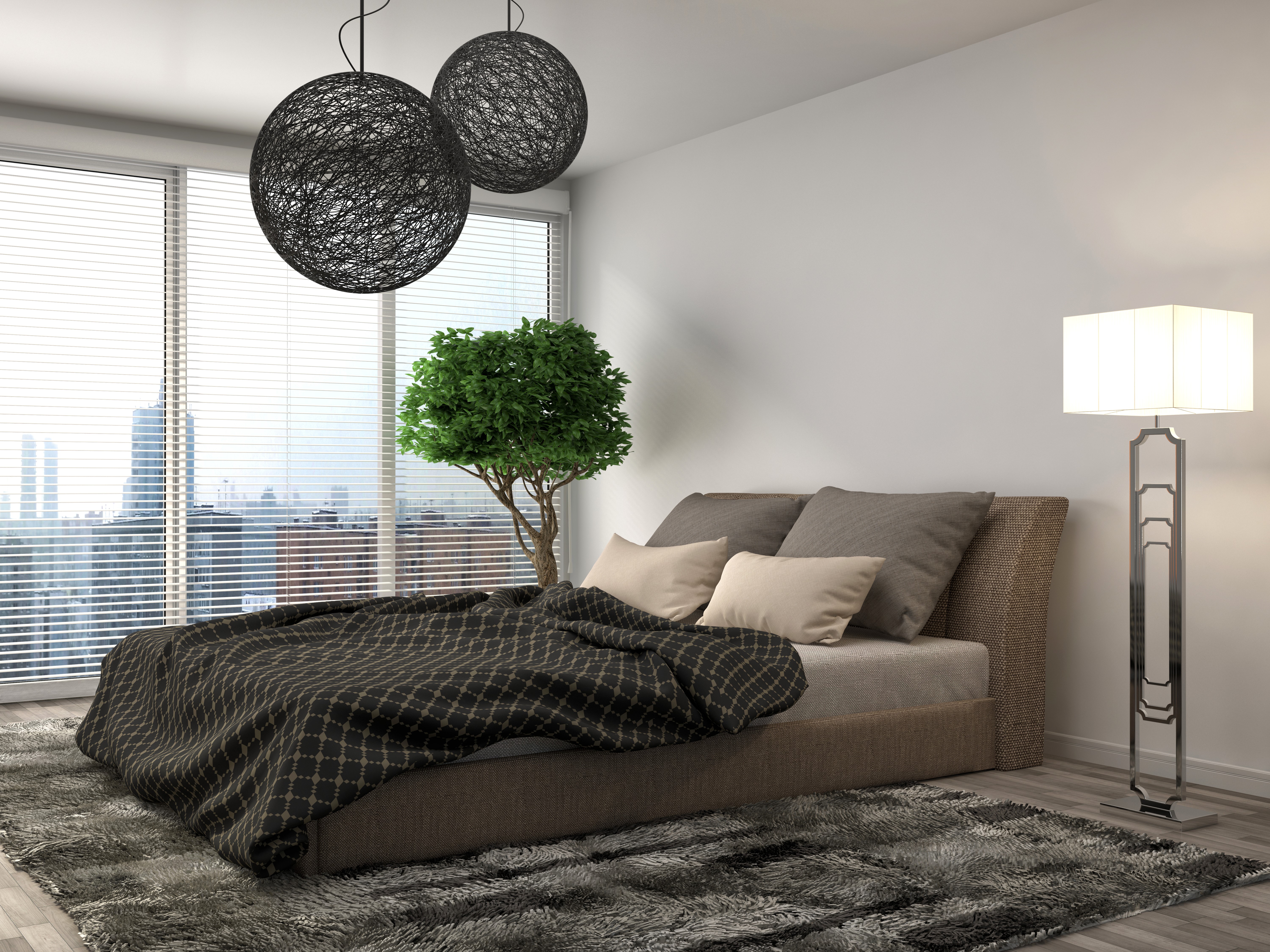 Modern Bedroom Interior Design with Bed and Lamps HD Wallpaper