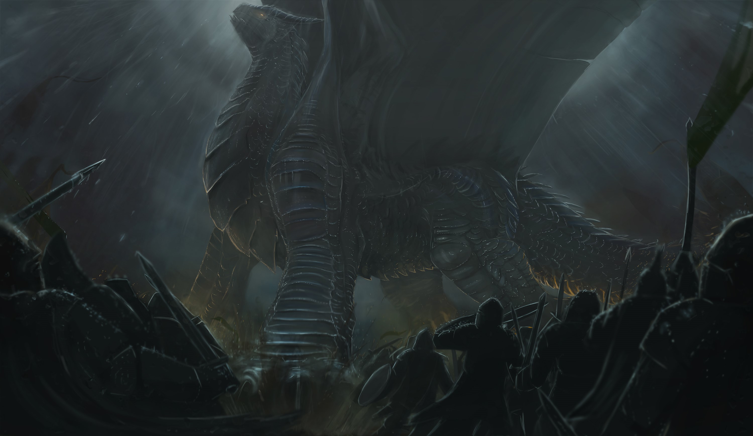 A giant dragon confronts a group of warriors HD Wallpaper