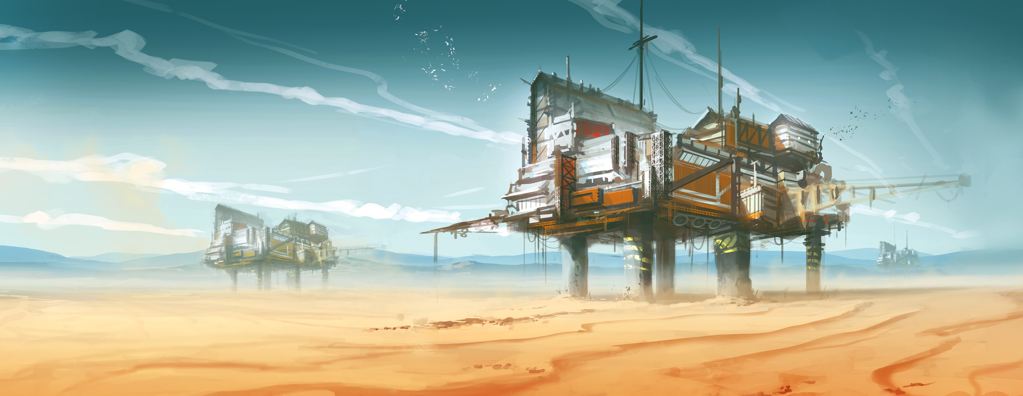 Fantastic world with oil rigs in a desert HD Wallpaper