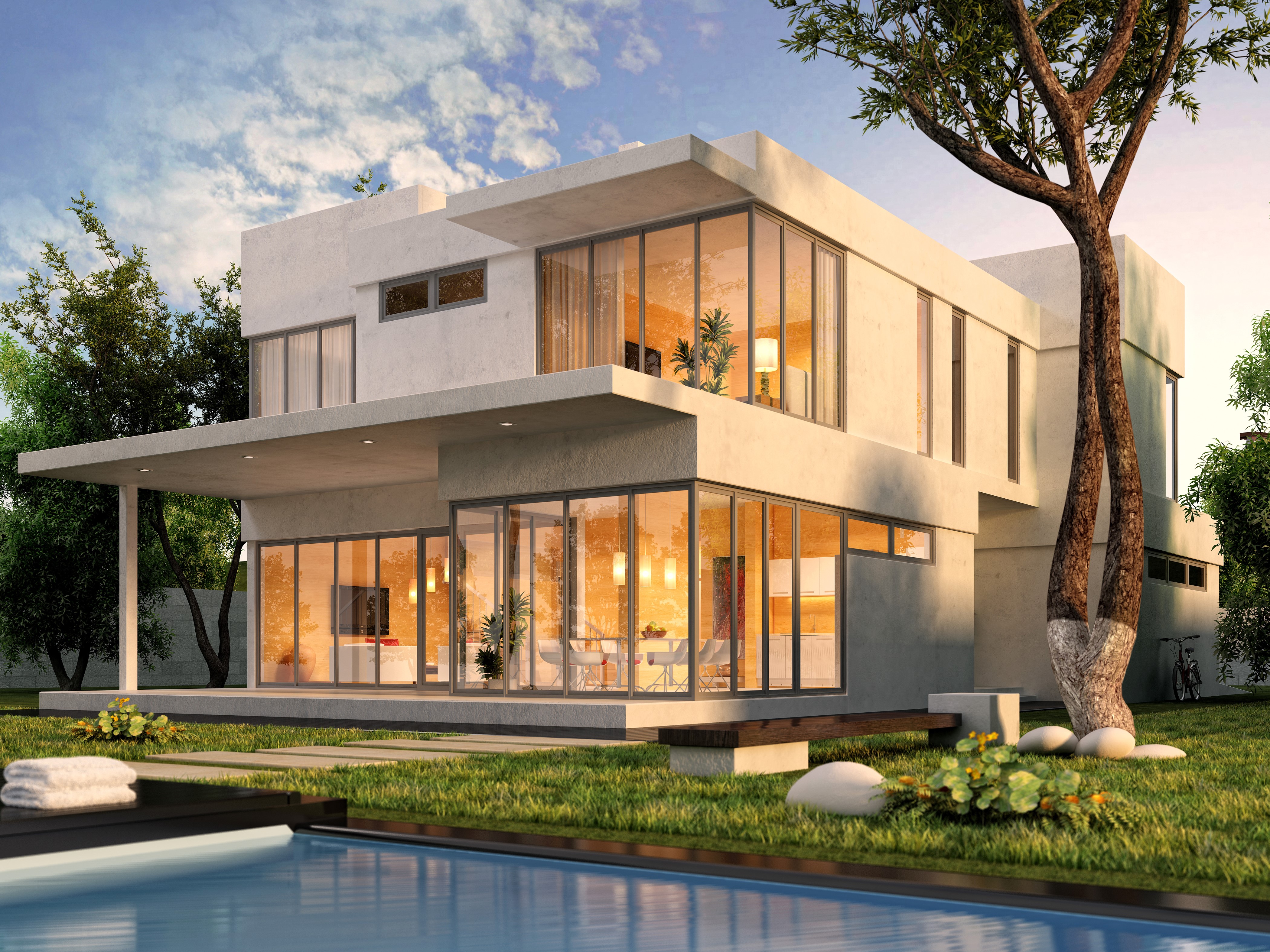 Modern Mansion with Swimming Pool HD Wallpaper