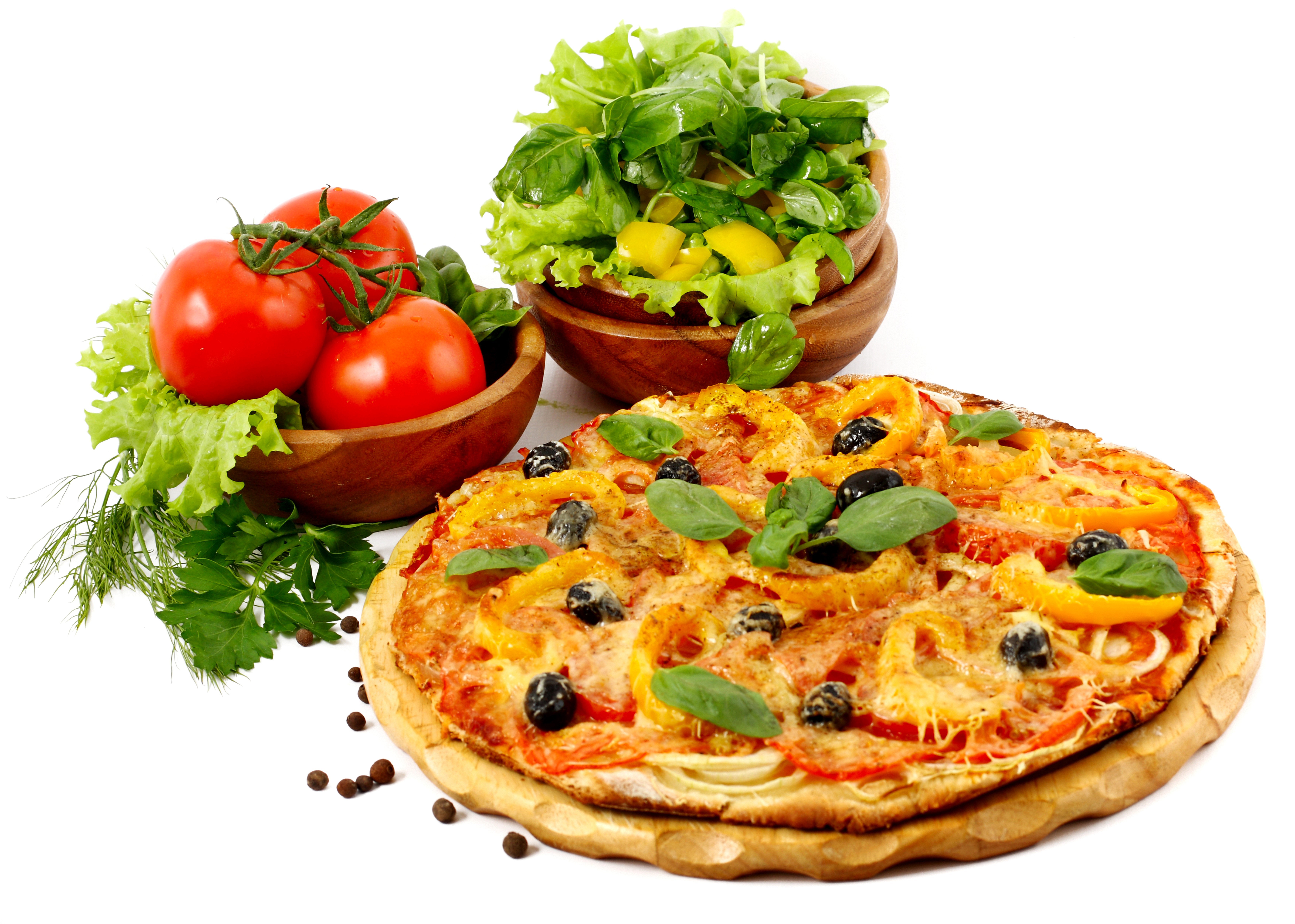 Pizza with Tomatoes, Salad, and Basil HD Wallpaper