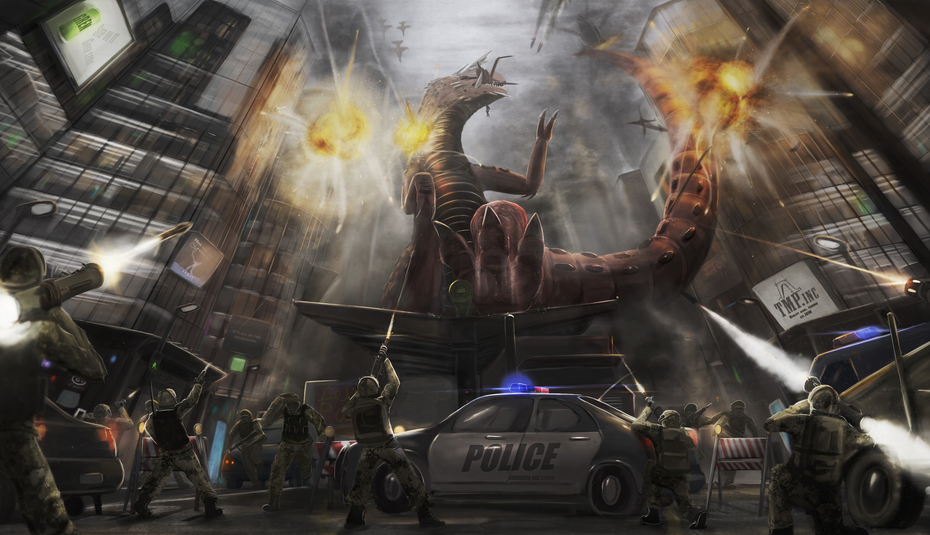 Monster attacking city with military and police response HD Wallpaper