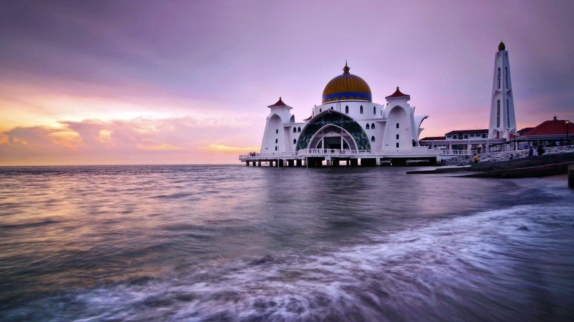 Strait Mosque on the water at sunset HD Wallpaper