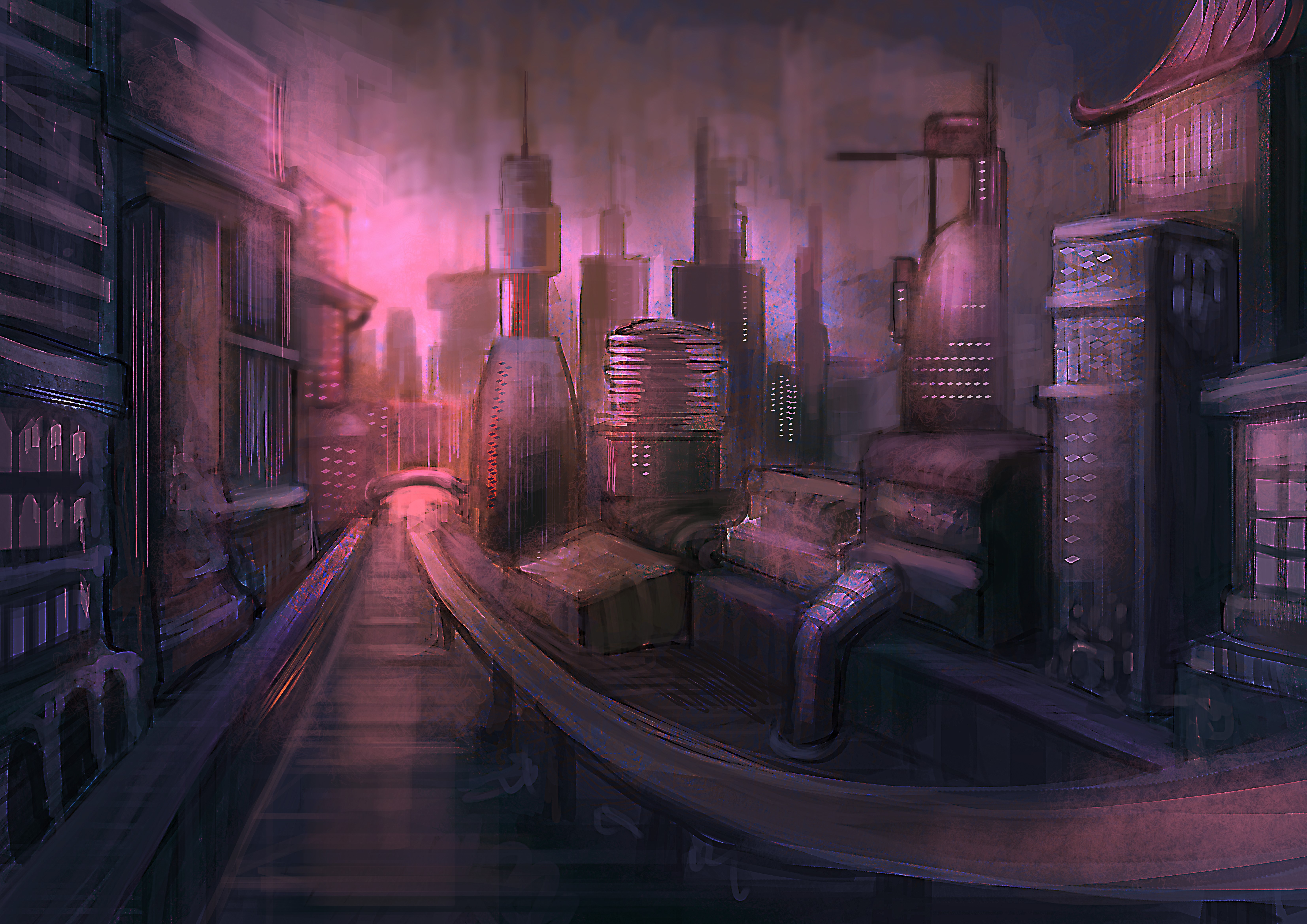 Futuristic city with elevated train tracks HD Wallpaper