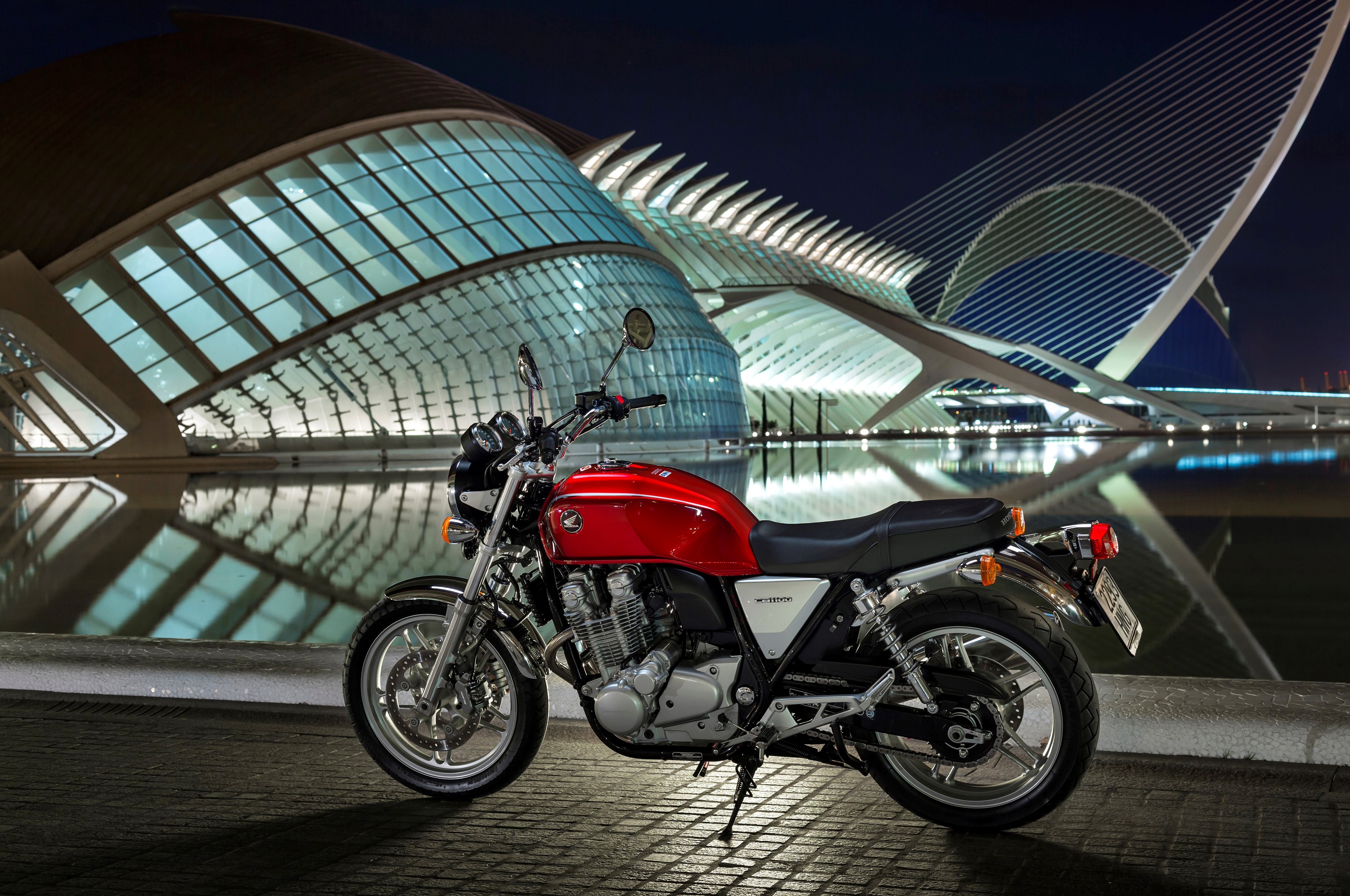Red Honda CB1100 Motorcycle in front of modern architecture HD Wallpaper