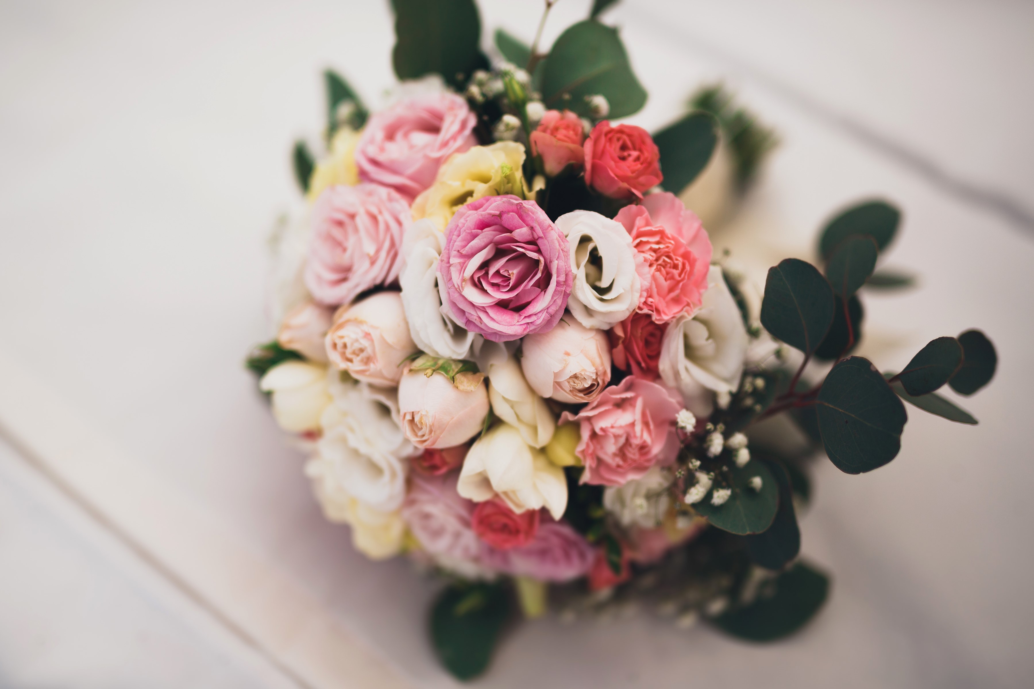 Bouquet of pink and white roses with eucalyptus HD Wallpaper