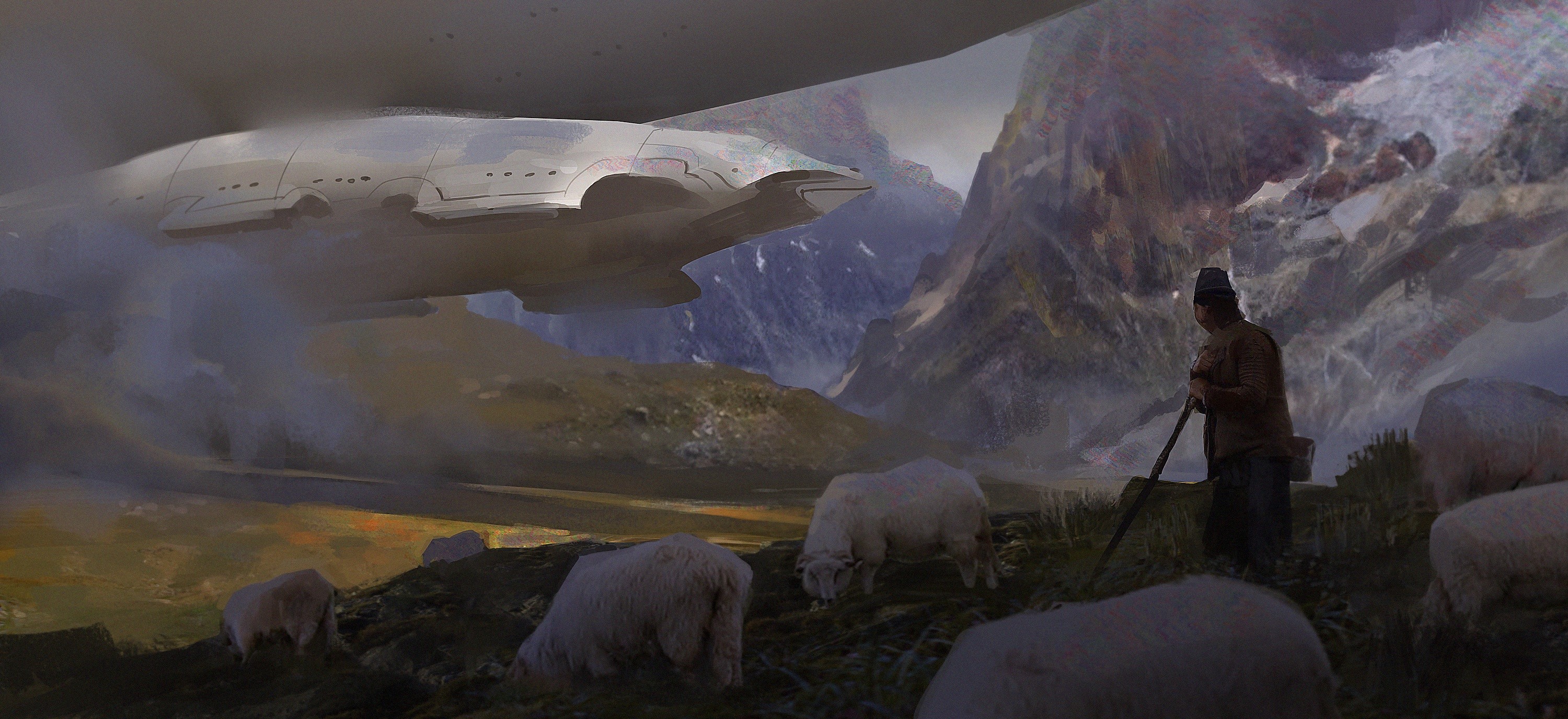 Spaceship flying over a pastoral landscape with sheep and mountains HD Wallpaper