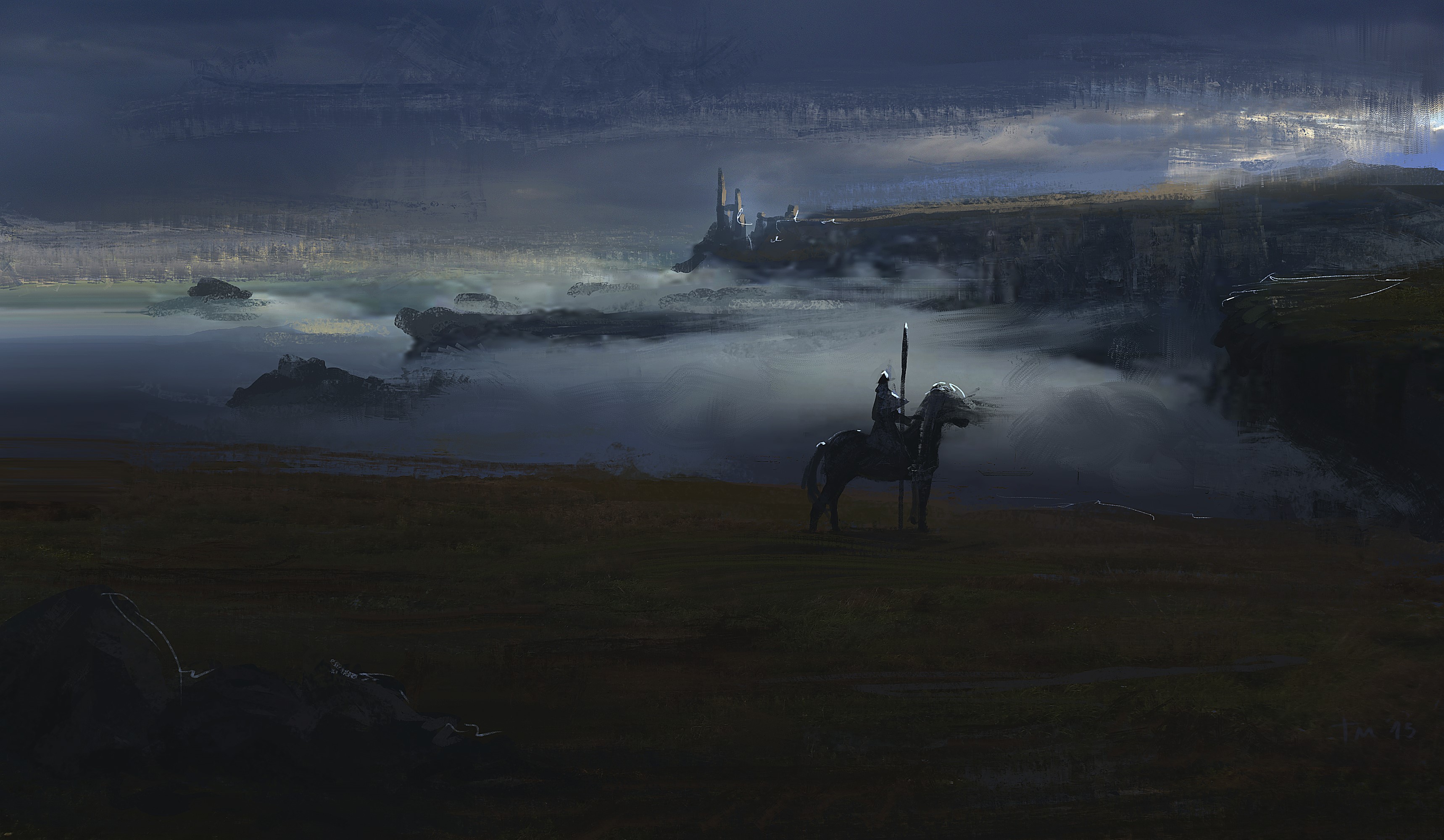 Knight on horseback overlooking a misty landscape with a castle HD Wallpaper