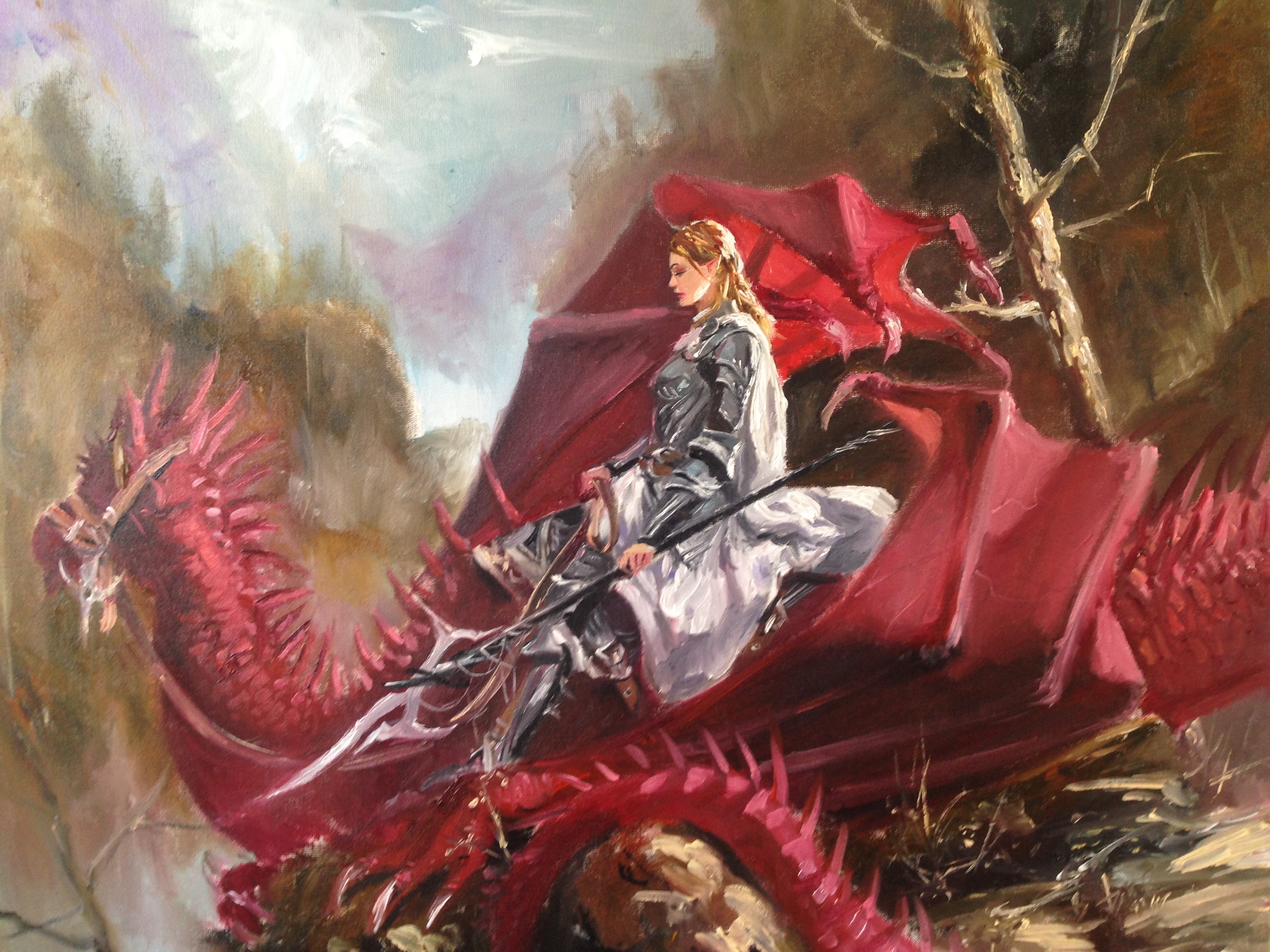 Woman in armor riding a red dragon HD Wallpaper