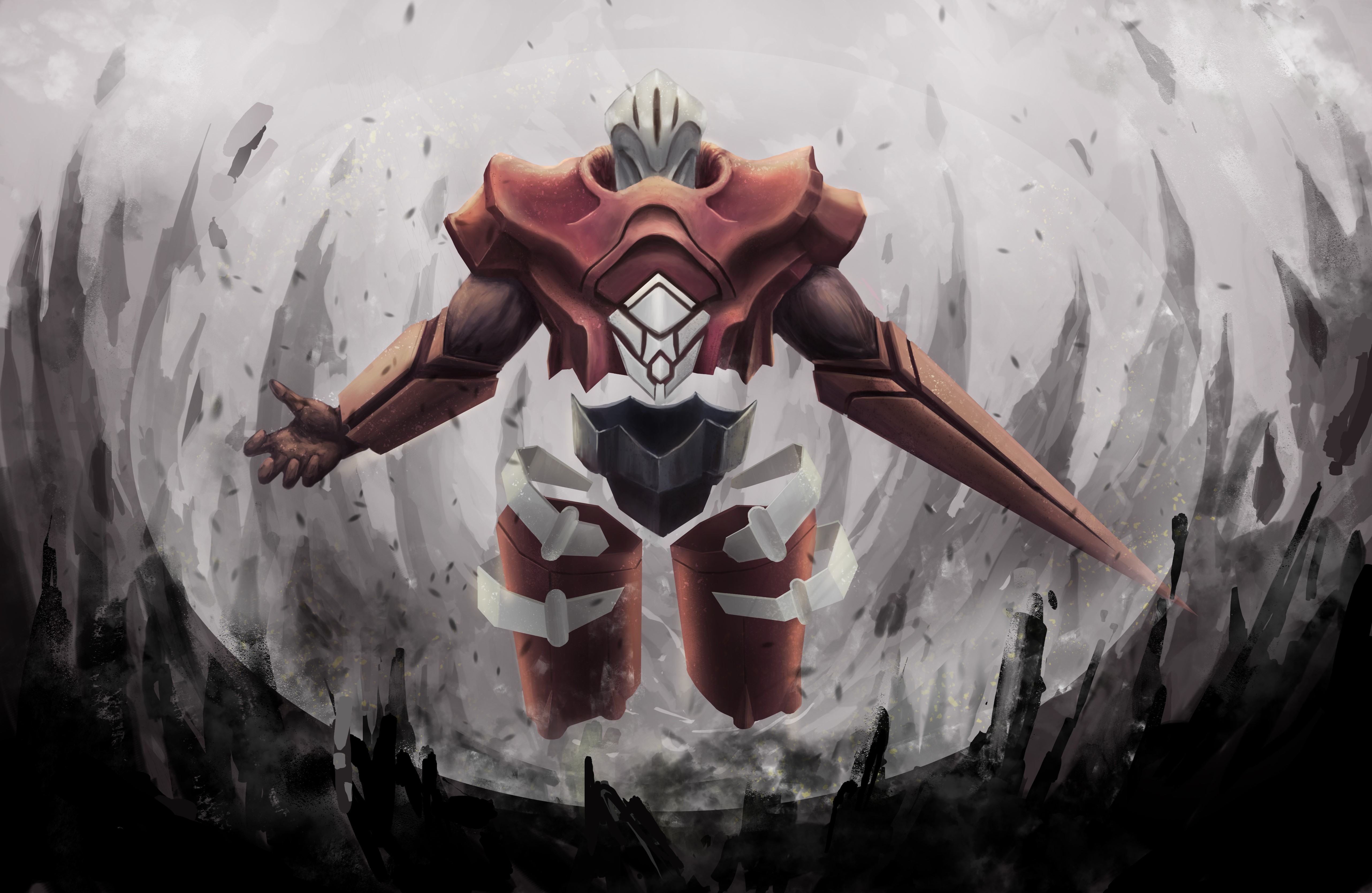 Robot in a dramatic, smoky environment HD Wallpaper