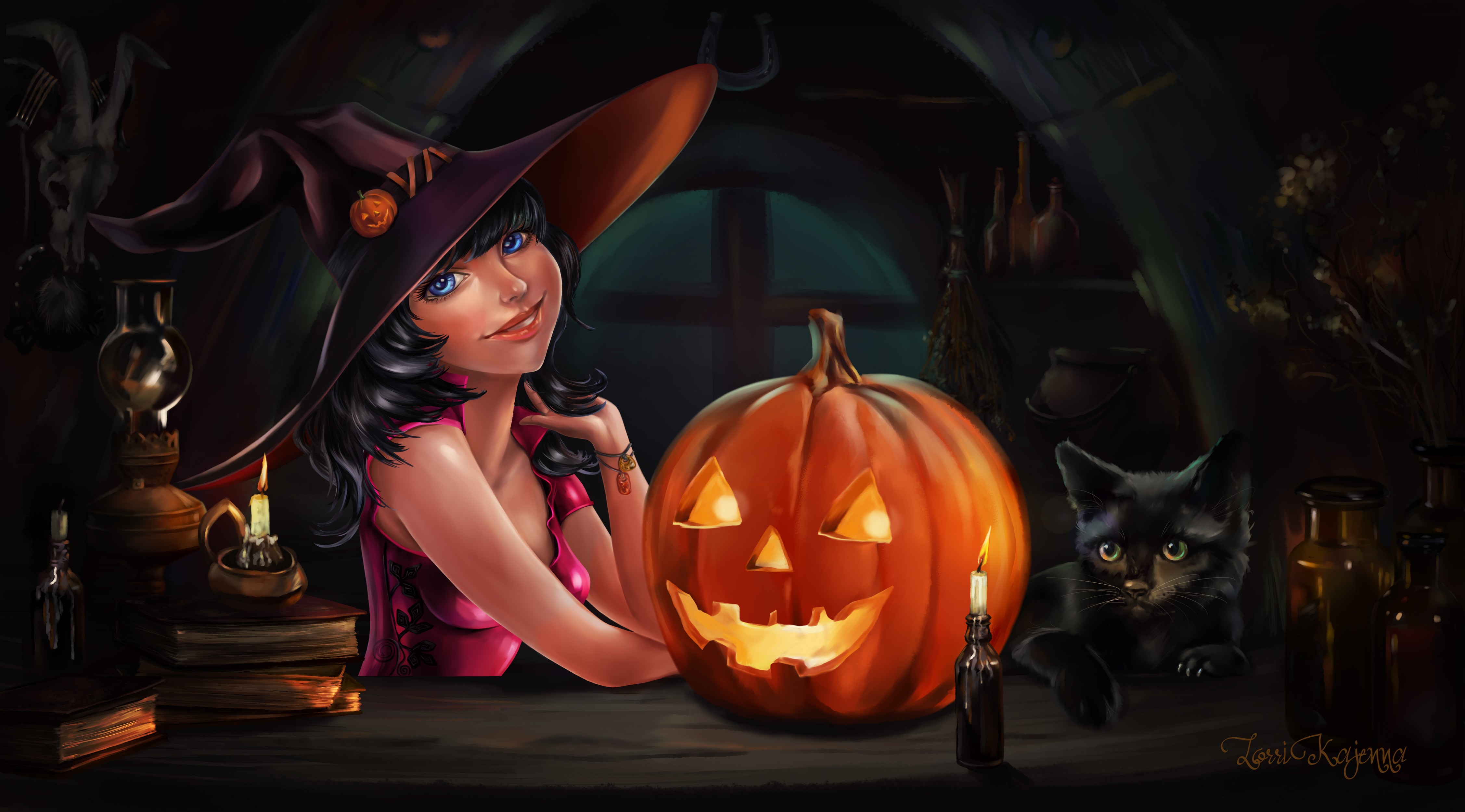 Halloween Witch with Pumpkin and Black Cat HD Wallpaper