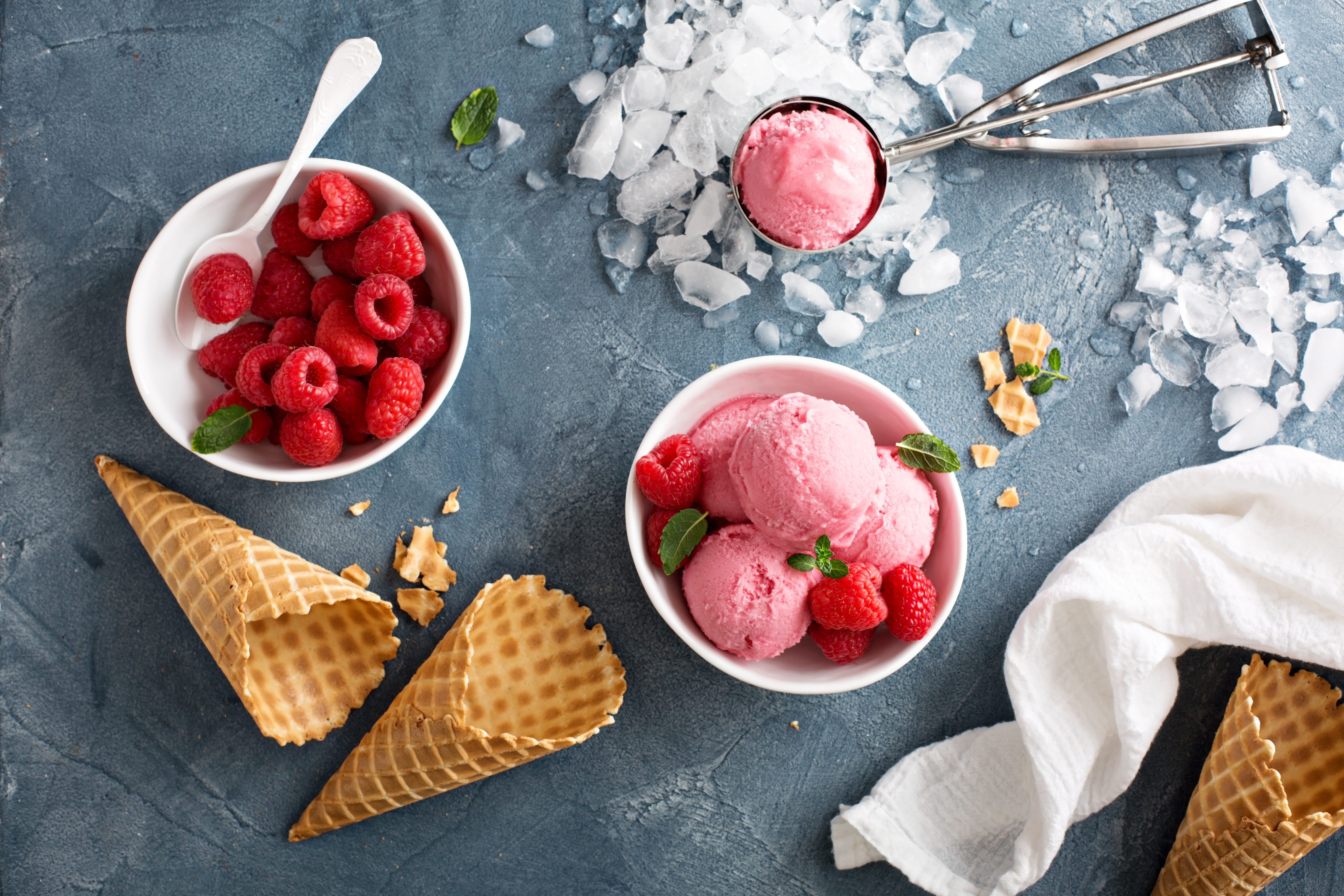 Raspberry Ice Cream with Cones and Fresh Berries HD Wallpaper