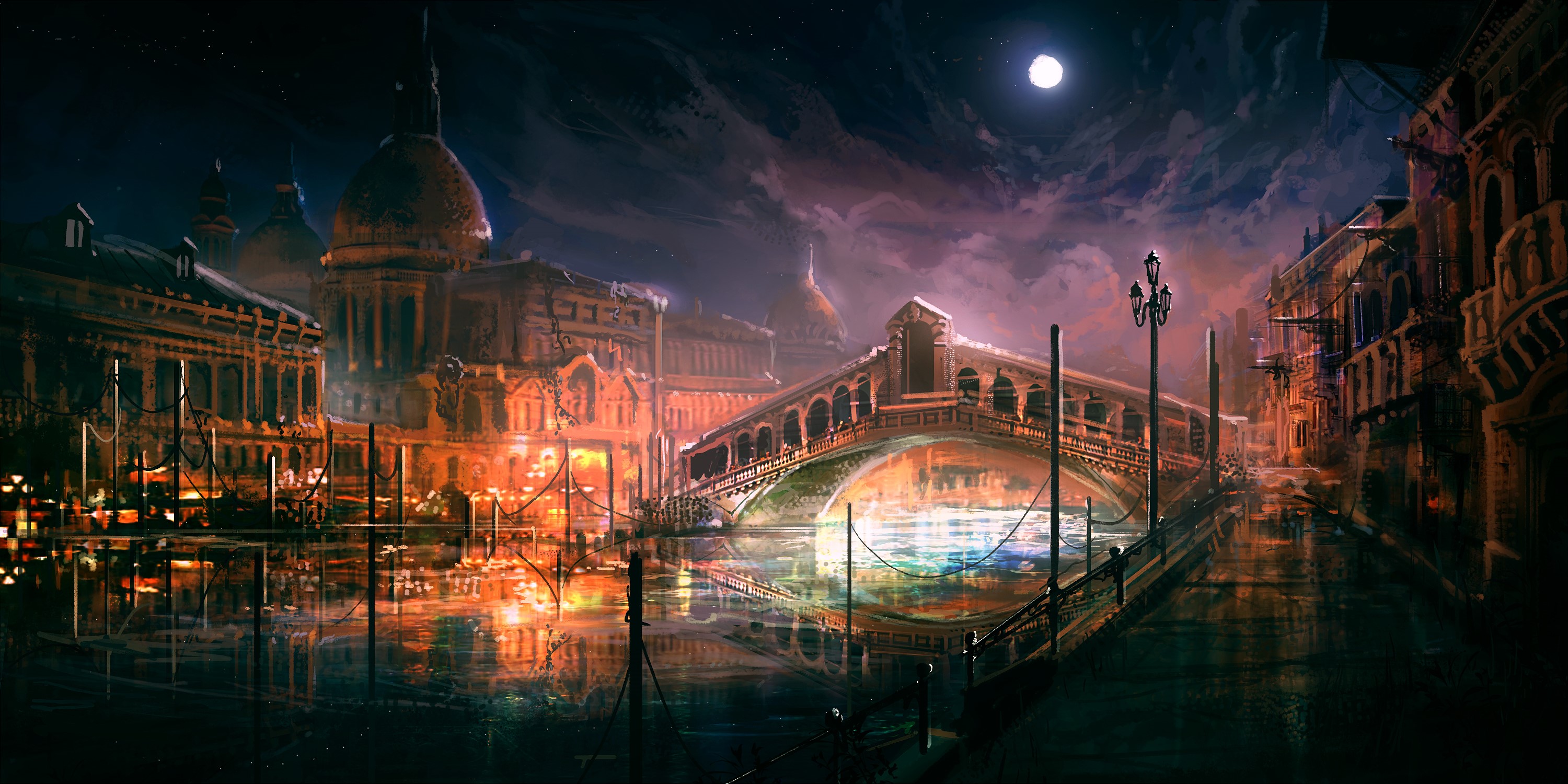 Venice at night with Rialto Bridge and canal HD Wallpaper