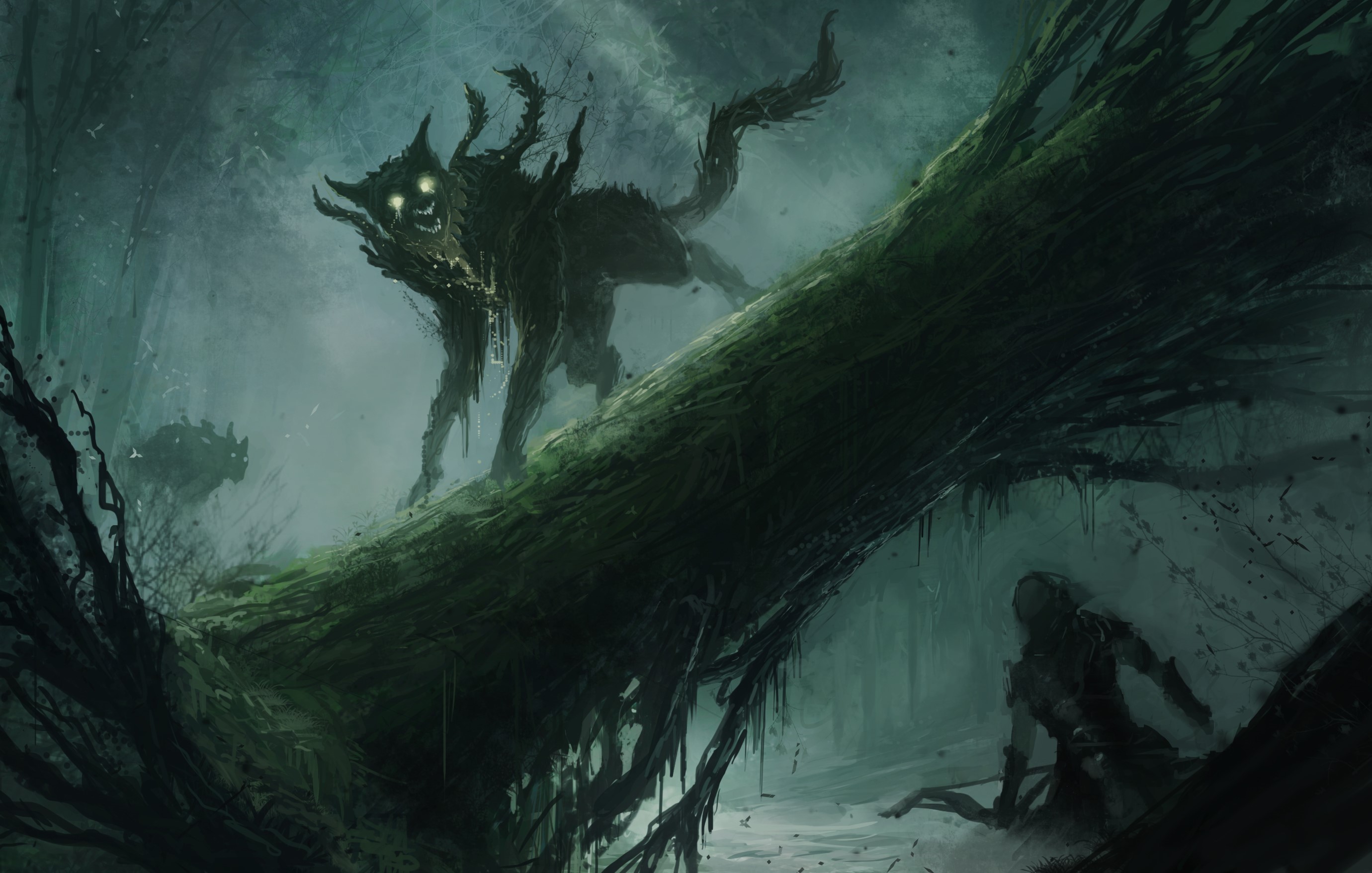 Monstrous creatures in a dark, misty forest HD Wallpaper