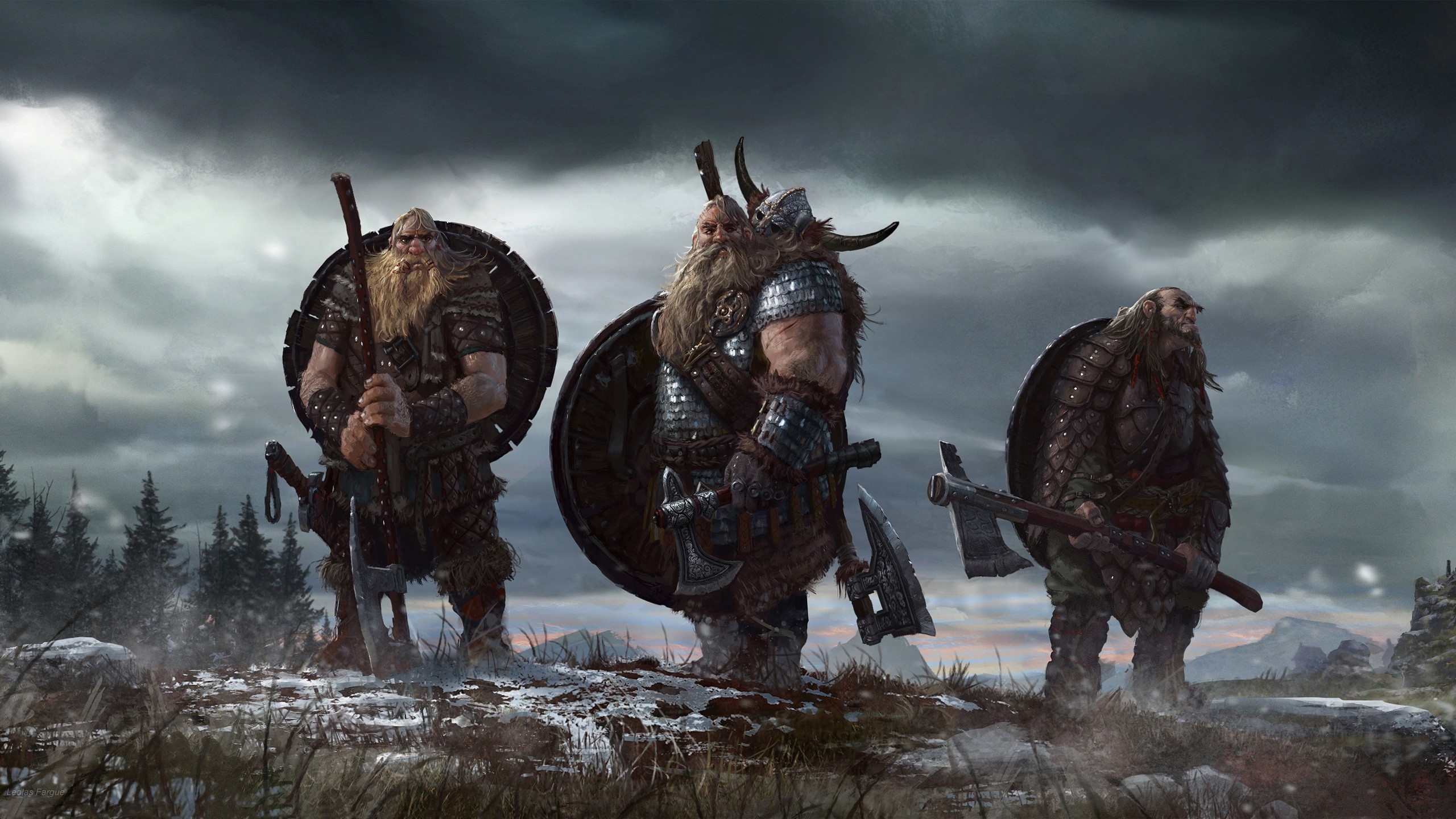 Three Viking warriors with shields and axes HD Wallpaper