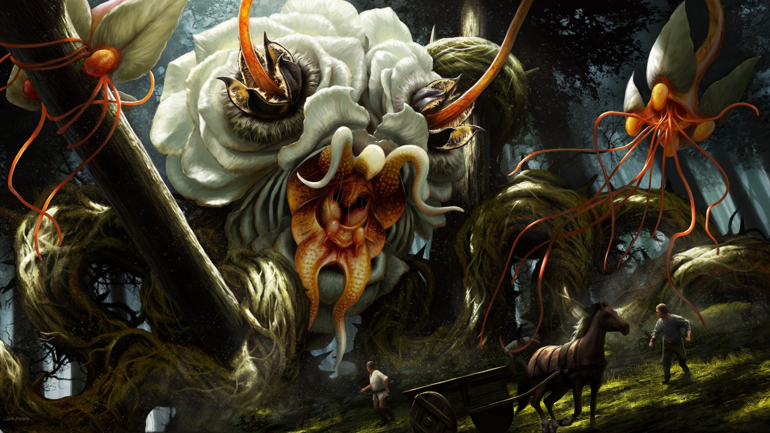 Monsters in a dark forest with people and a horse HD Wallpaper